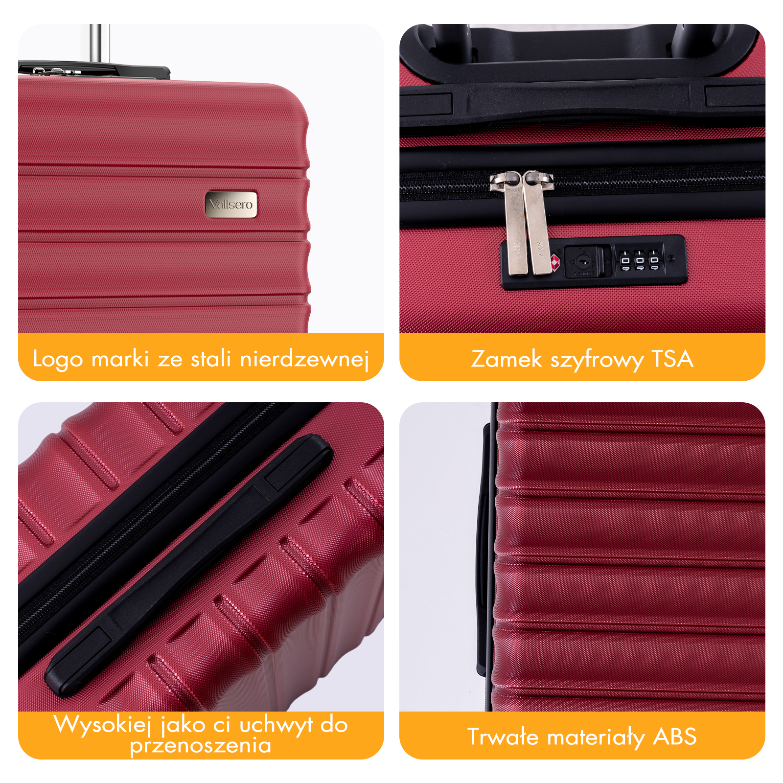 Czerwona walizka z zamkiem TSA, logo i uchwytem.