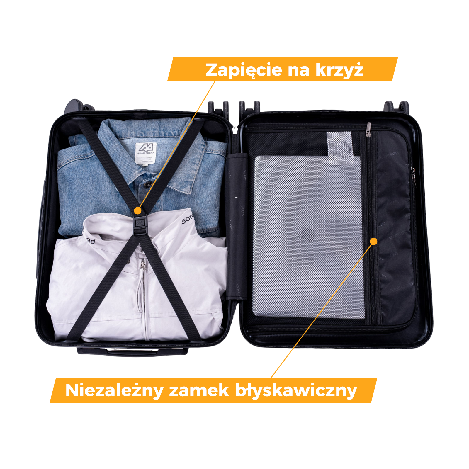 Otwarta czarna walizka z ubraniami i miejscem na laptopa