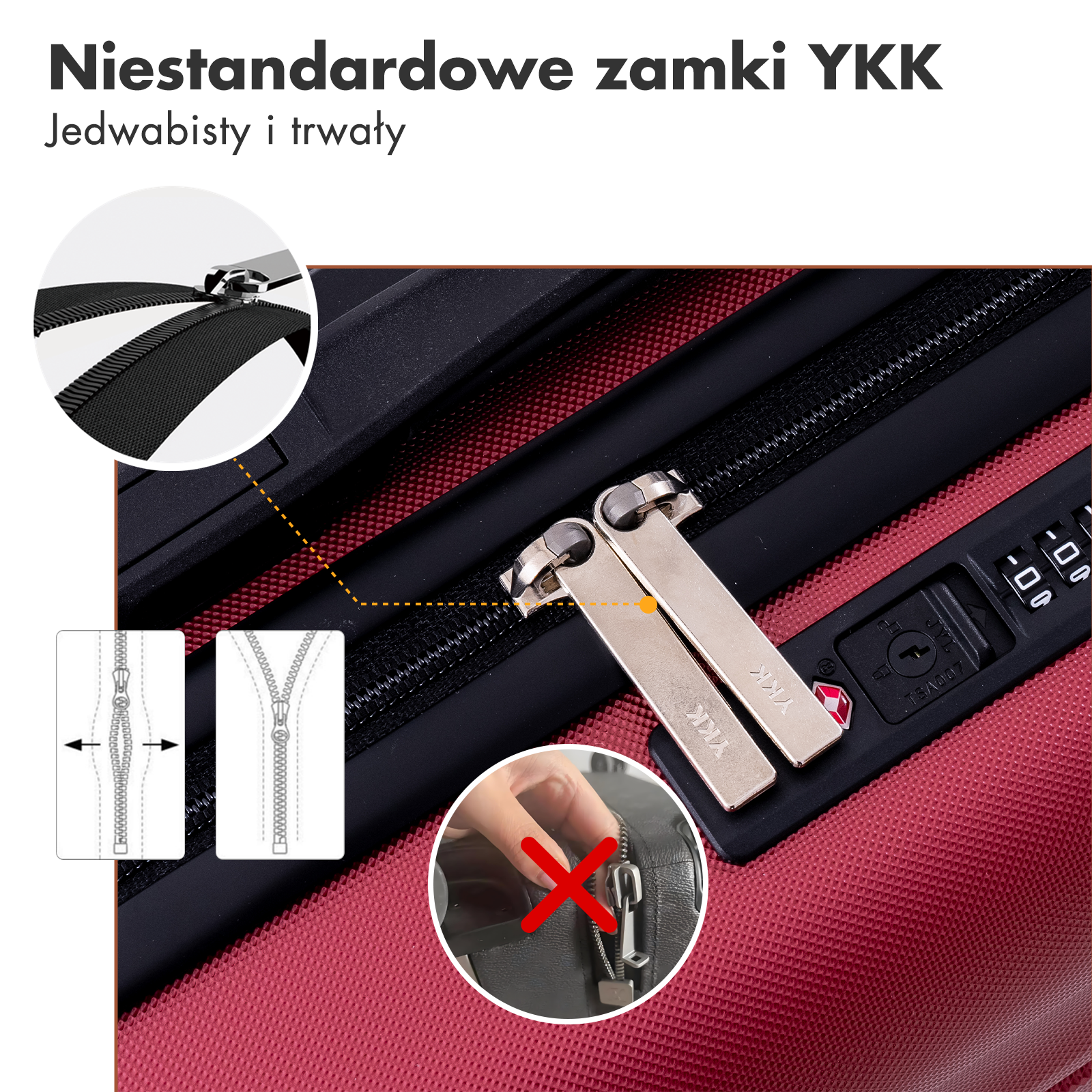 Zbliżenie czerwonej walizki z zamkami YKK, zamkiem i schematami.