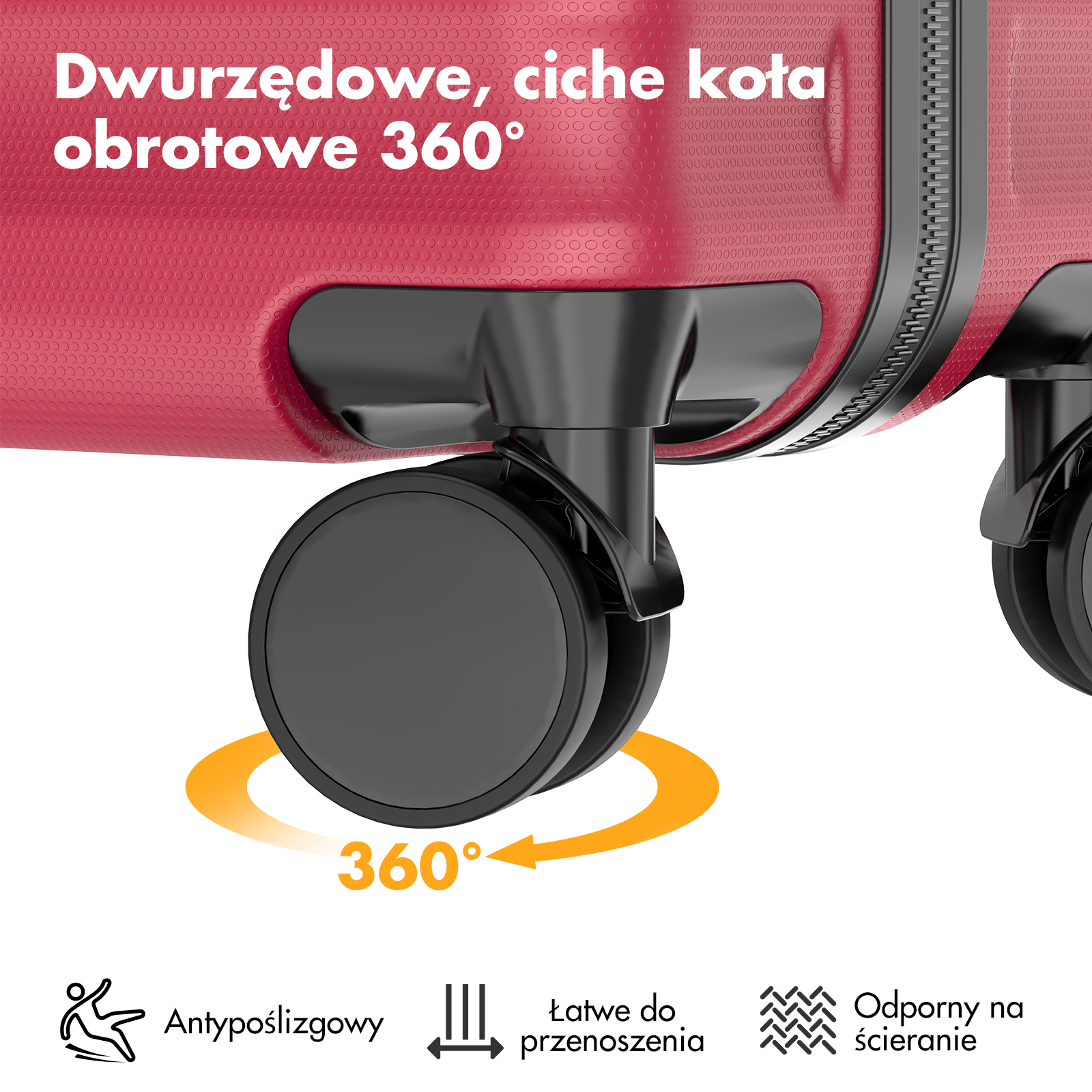Czerwona walizka z obrotowymi kołami 360° i ikonami antypoślizgową, łatwe przenoszenie, odporne.