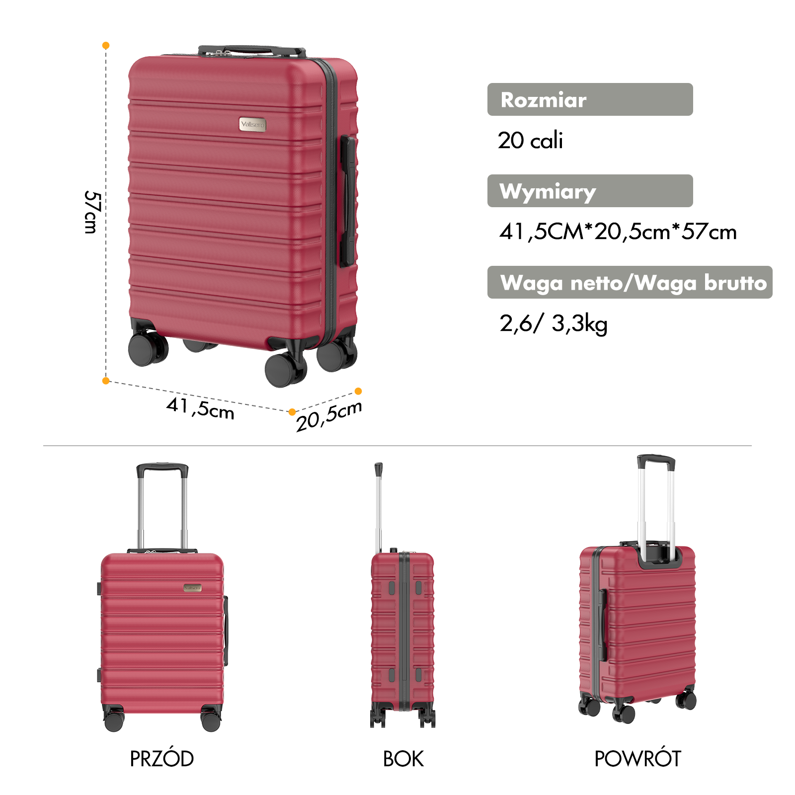 Czerwona walizka na kółkach z wysuwanym uchwytem. Wymiary podane.