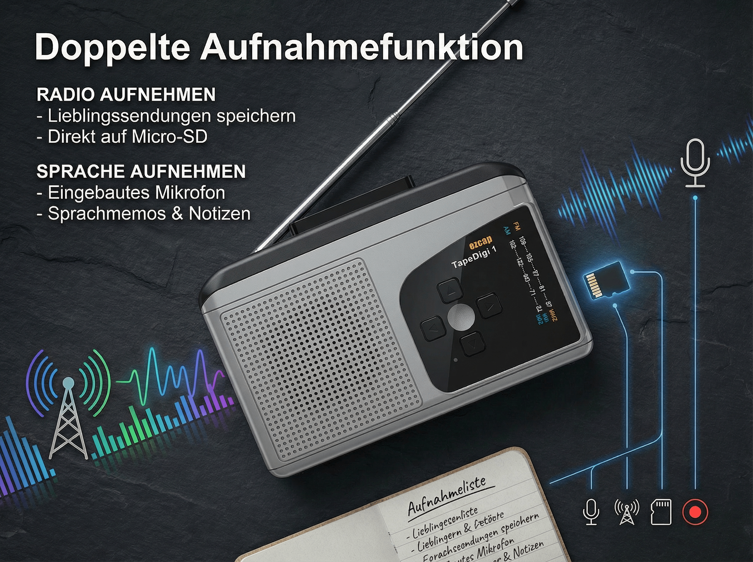 Ein tragbares Radio mit Aufnahmefunktion, SD-Karte, Mikrofon-Symbol und Wellenformen.
