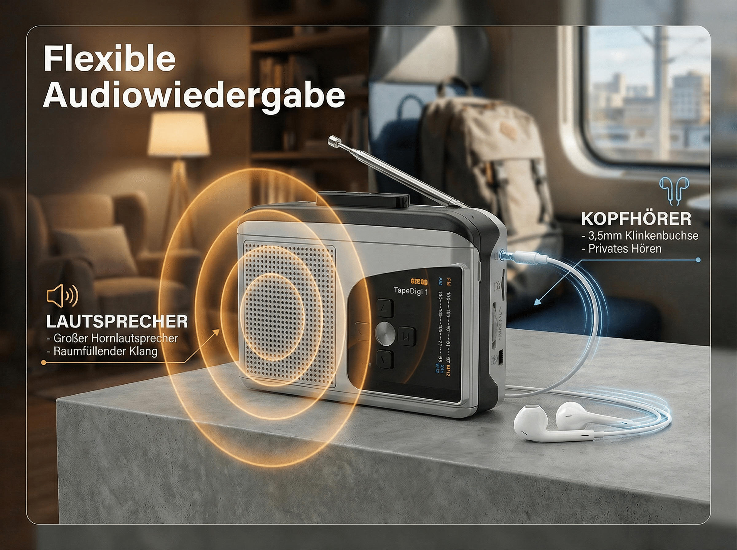 Ein tragbares Radio mit Lautsprecher und Kopfhöreranschluss steht auf einem Tisch.