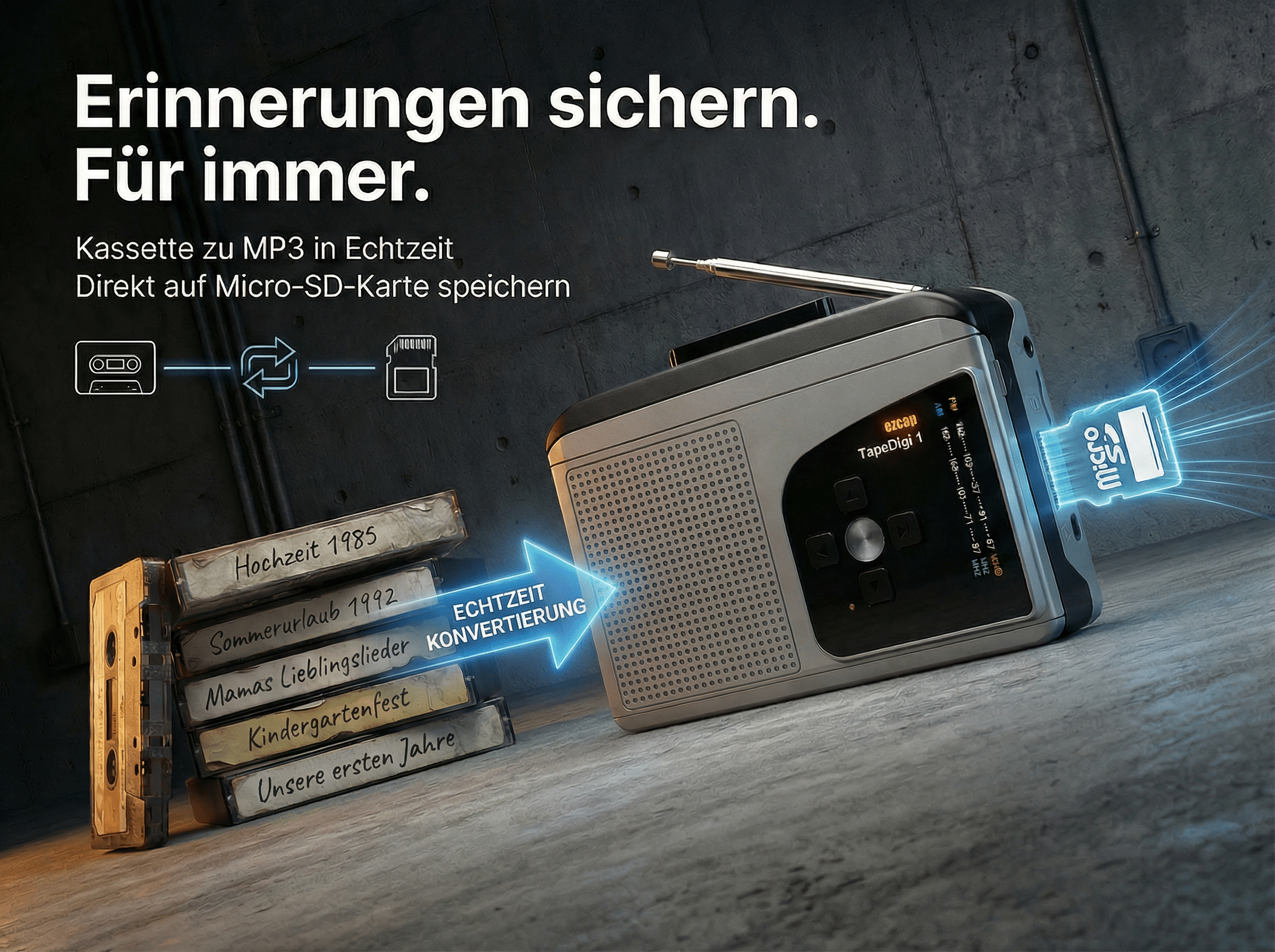 Kassettenspieler mit Radio speichert Kassetten als MP3 auf Micro-SD-Karte.