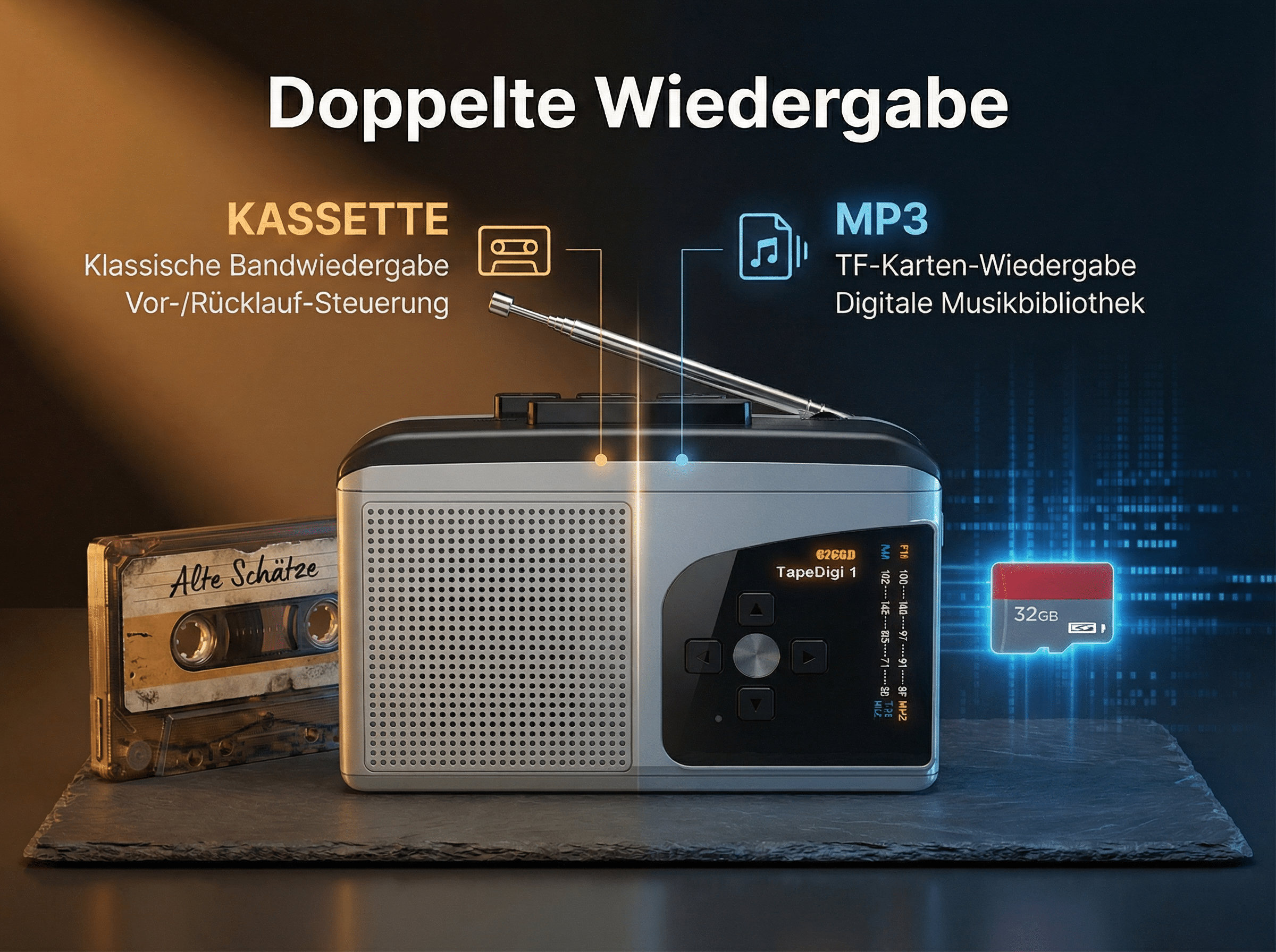 Ein Radio mit Kassette und SD-Karte für doppelte Wiedergabe.