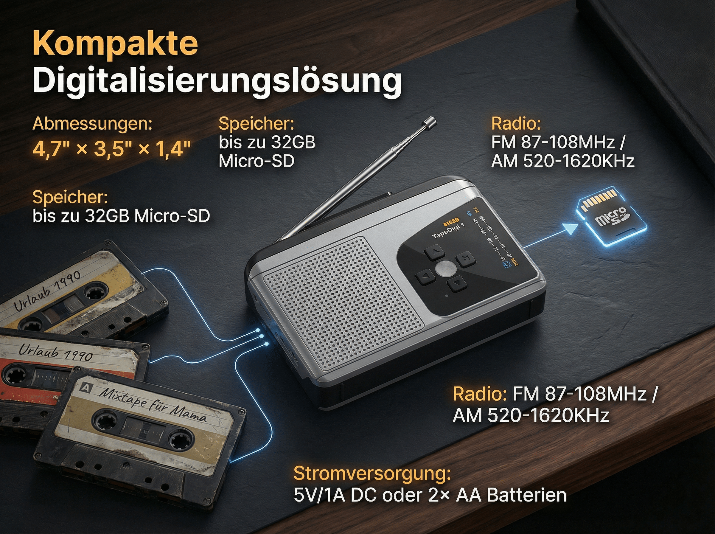 Ein tragbares Radio mit Kassetten und Micro-SD-Karte. Maße: 4,7x3,5x1,4 Zoll.