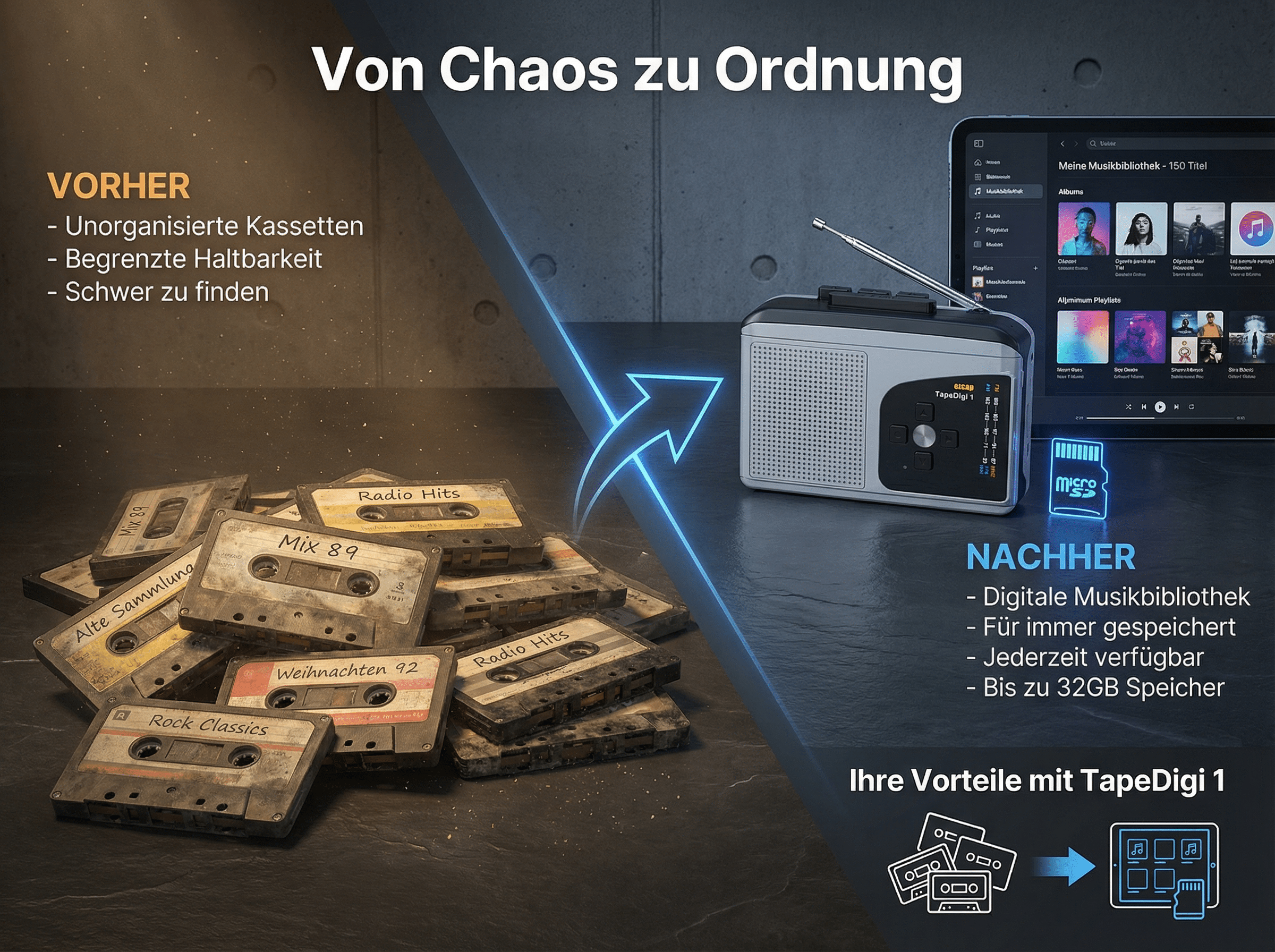 Kassetten und ein Tablet mit Musikbibliothek, von Chaos zu Ordnung.