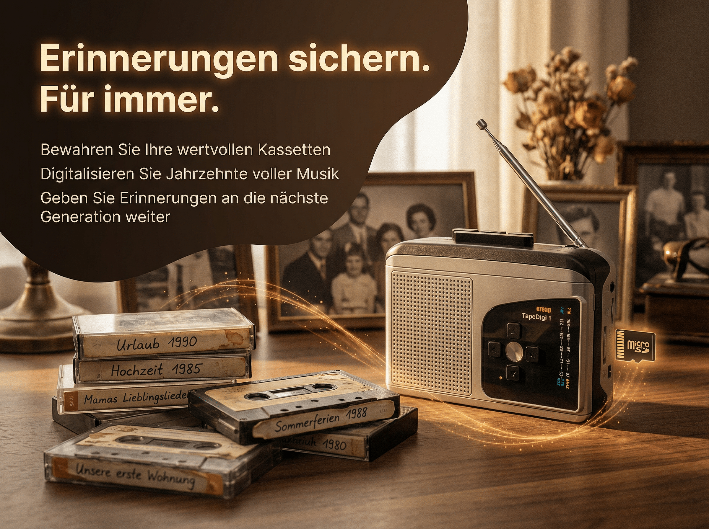 Kassetten, ein Radio und Fotos stehen auf einem Holztisch. Es gibt auch einen MicroSD-Karte.