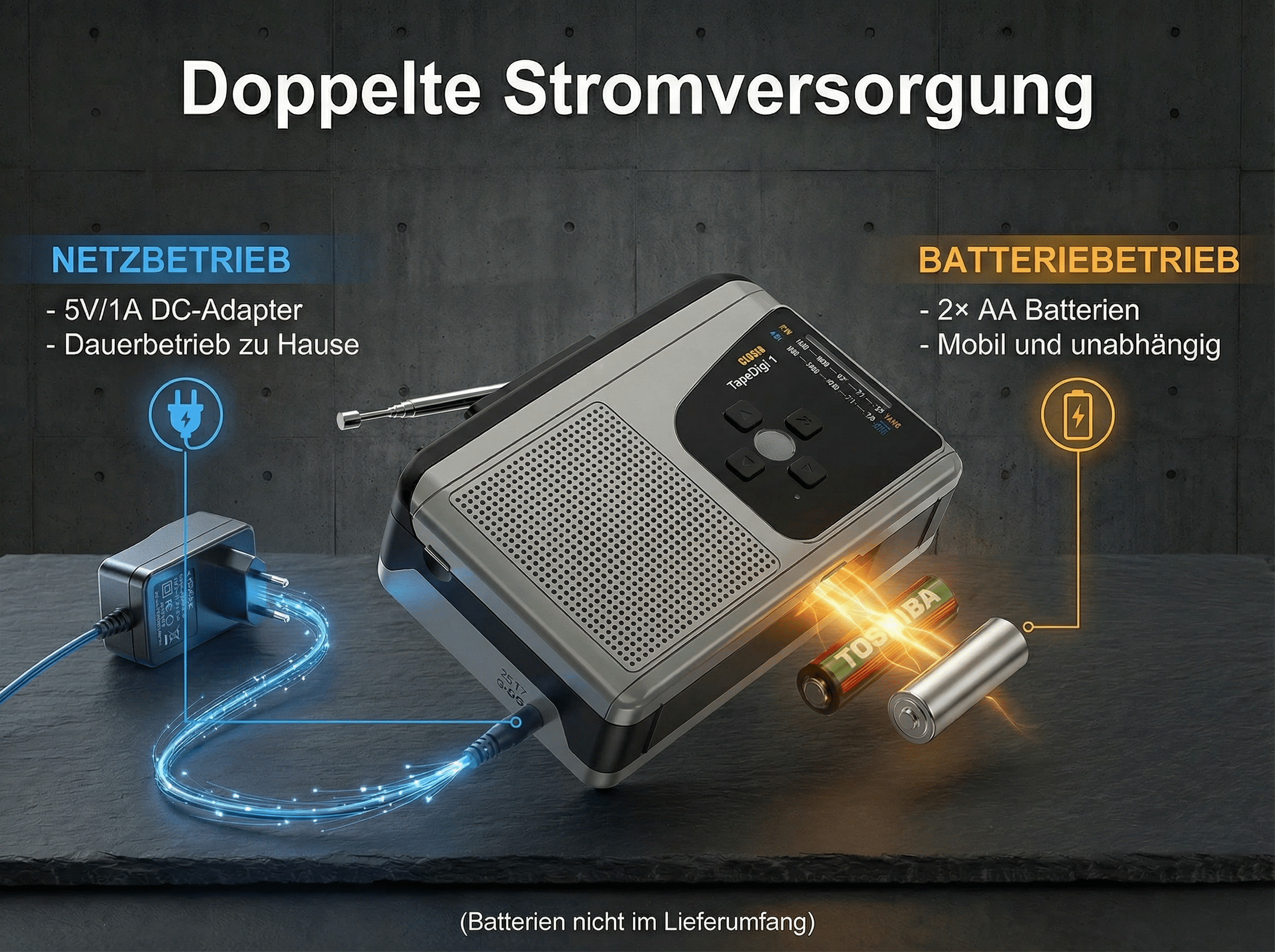 Ein Radio mit Netz- und Batteriebetrieb. Netzteil und Batterien sind abgebildet.