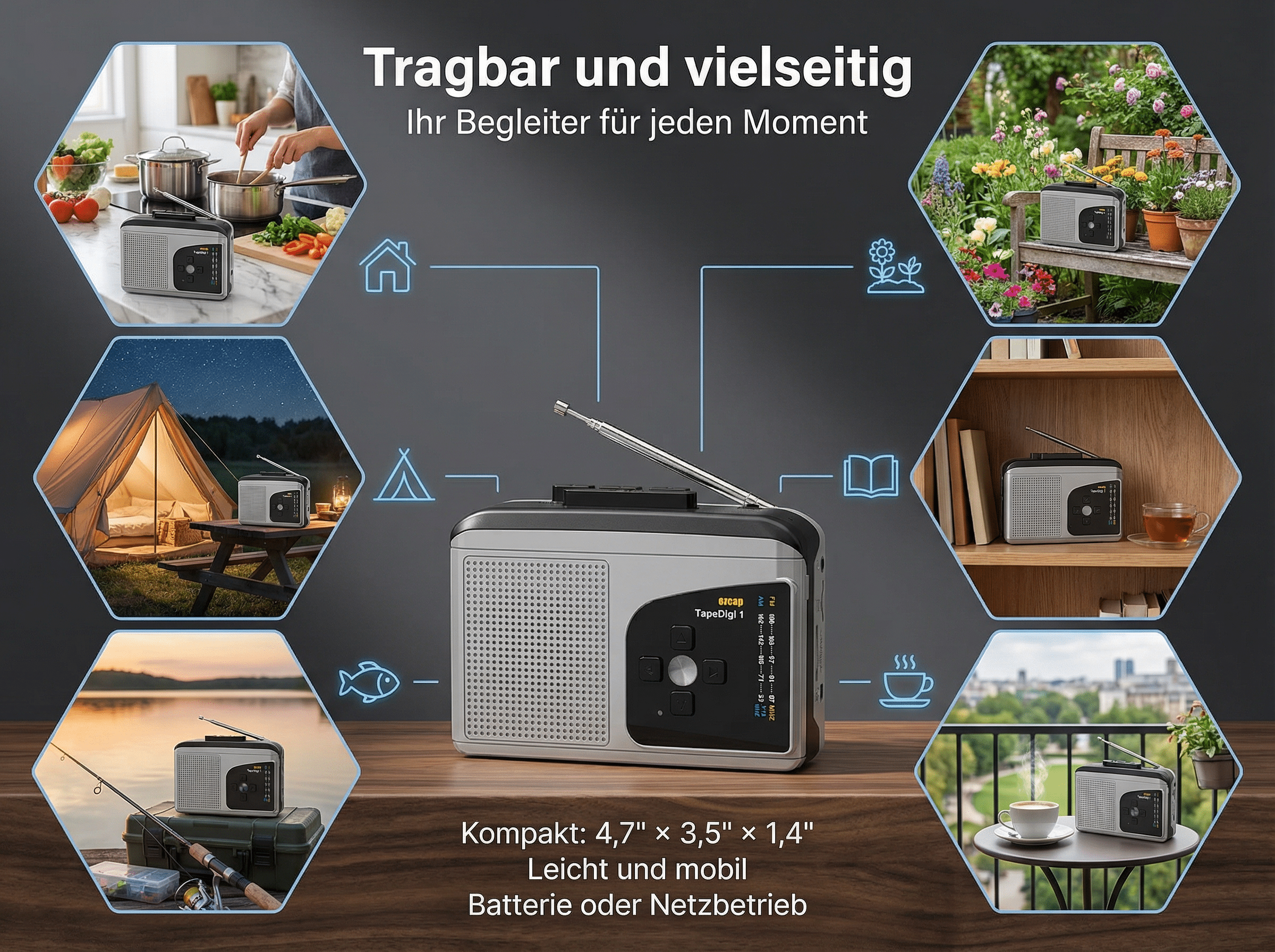 Ein Radio steht in verschiedenen Szenarien: Küche, Garten, Camping, Angeln, Regal, Balkon.
