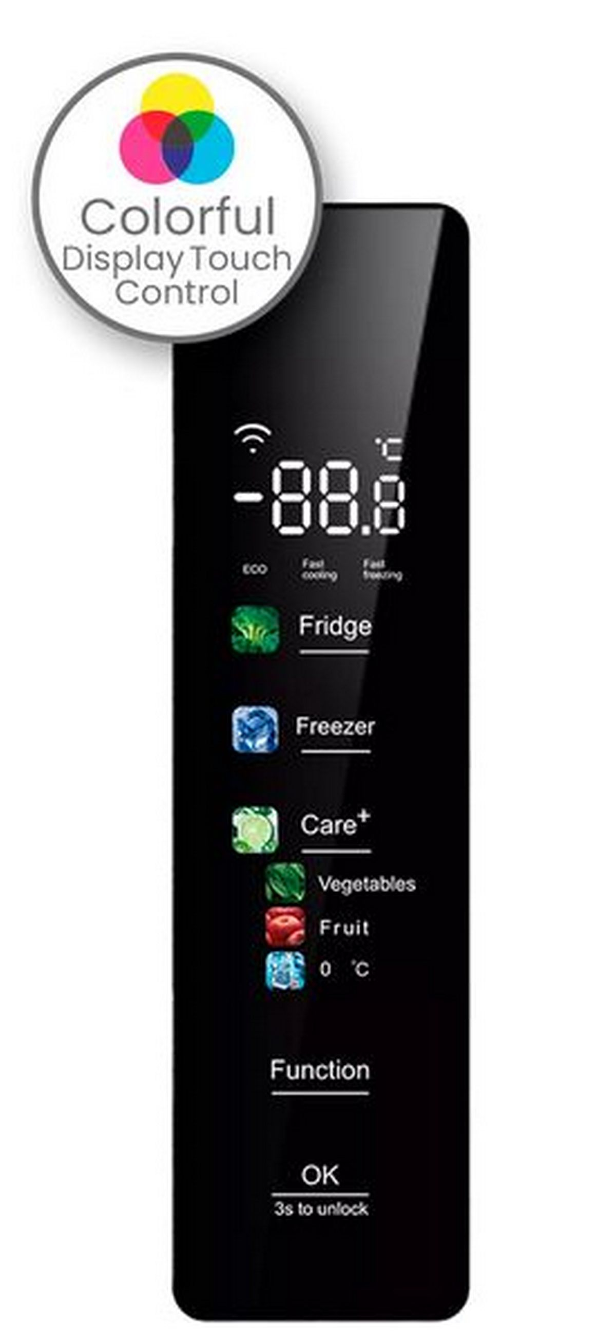 Una pantalla táctil negra que muestra iconos y texto para ajustes del refrigerador.