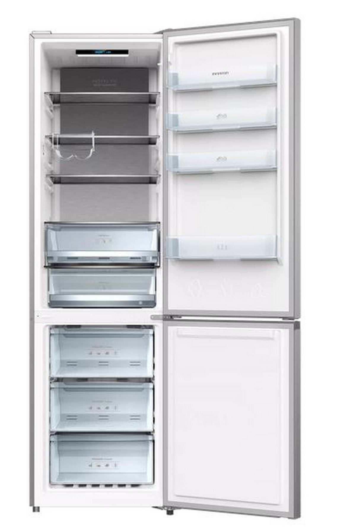 Un refrigerador abierto con múltiples estantes y cajones.