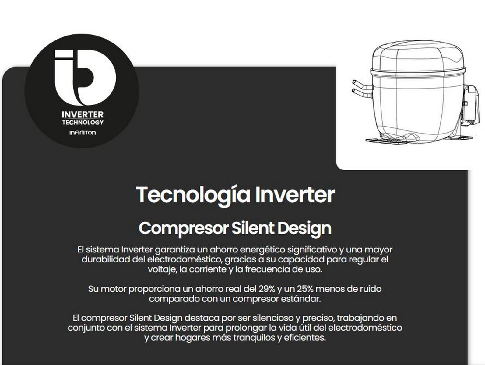 Tecnología Inverter Infiniton: Compresor silencioso para ahorro energético.