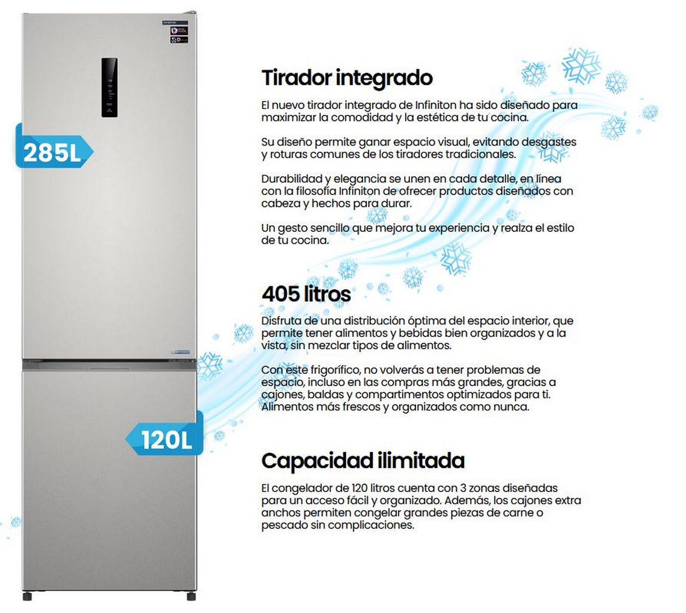 Un frigorífico plateado con tirador integrado, 285L de refrigeración y 120L de congelador.