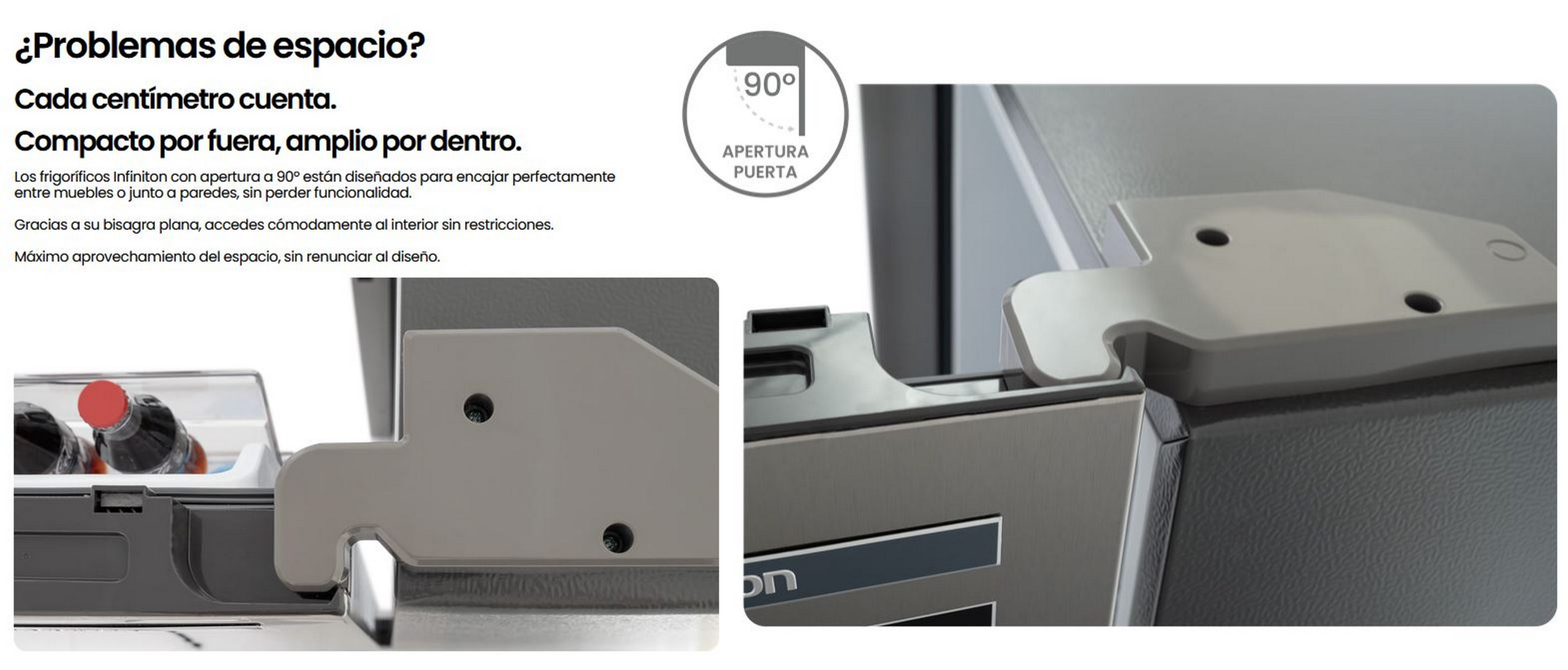 Primer plano de puerta de frigorífico abriéndose 90 grados para diseño ahorra espacio.