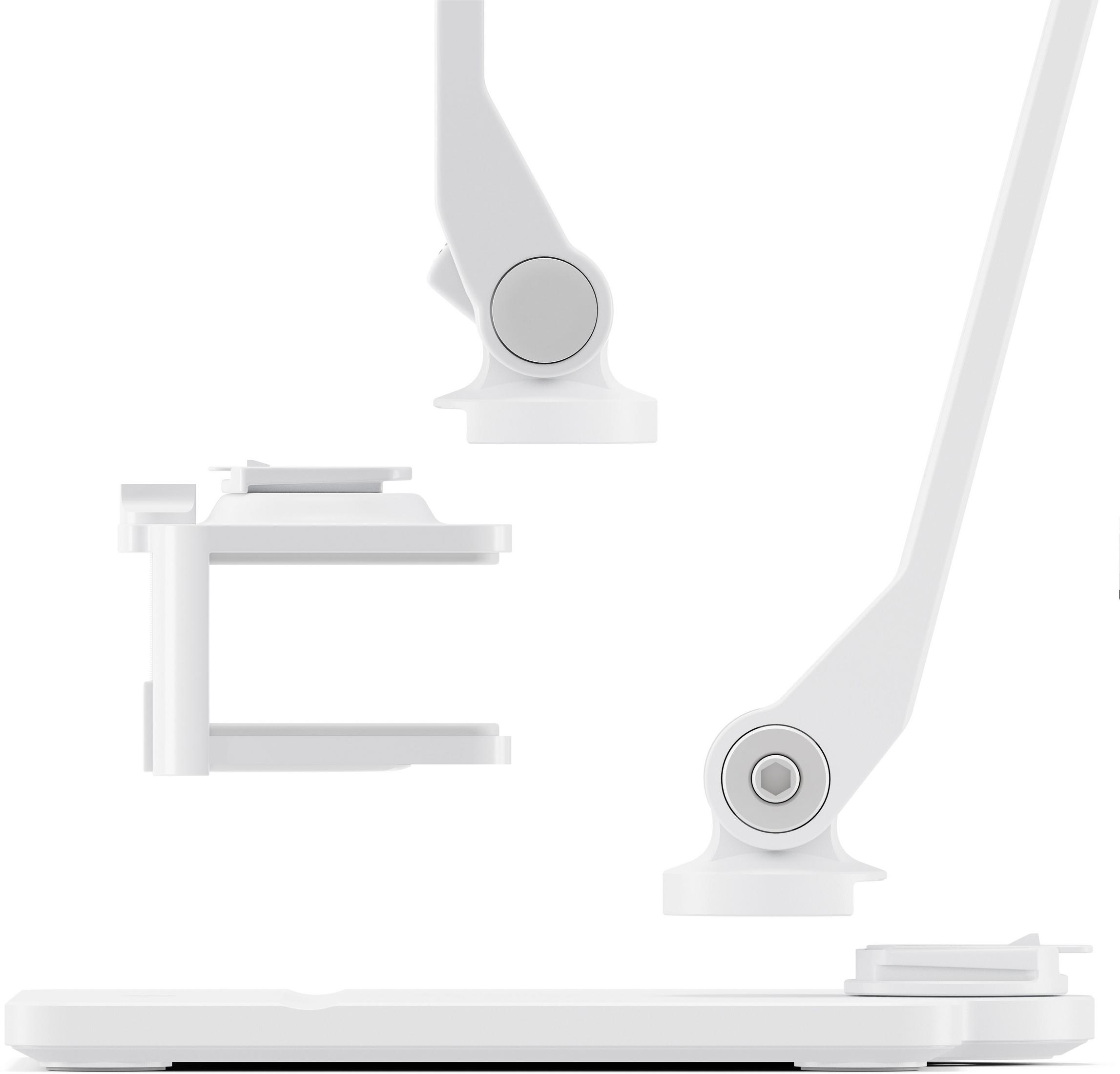 Supporto per fotocamera bianco con snodo e piastra di base.
