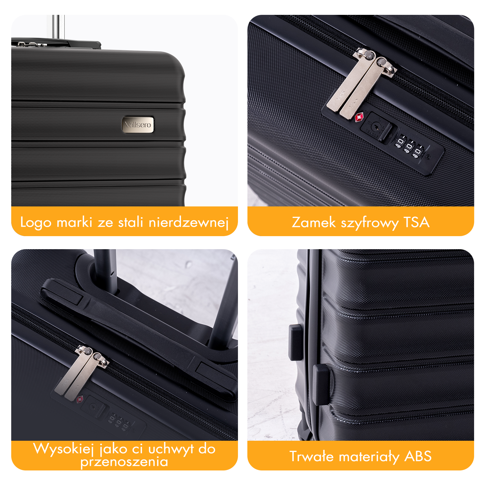 Czarna walizka z zamkiem TSA, metalowym logo i uchwytem.