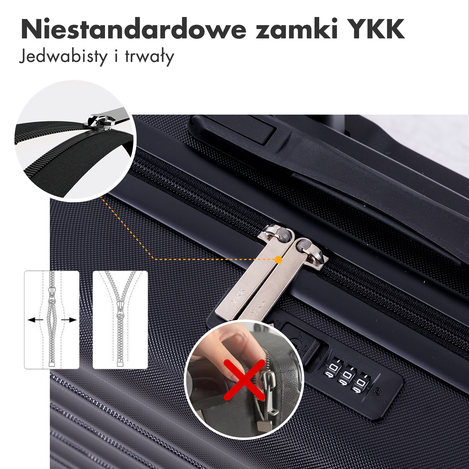 Zbliżenie czarnej walizki z zamkami YKK i kłódką szyfrową.