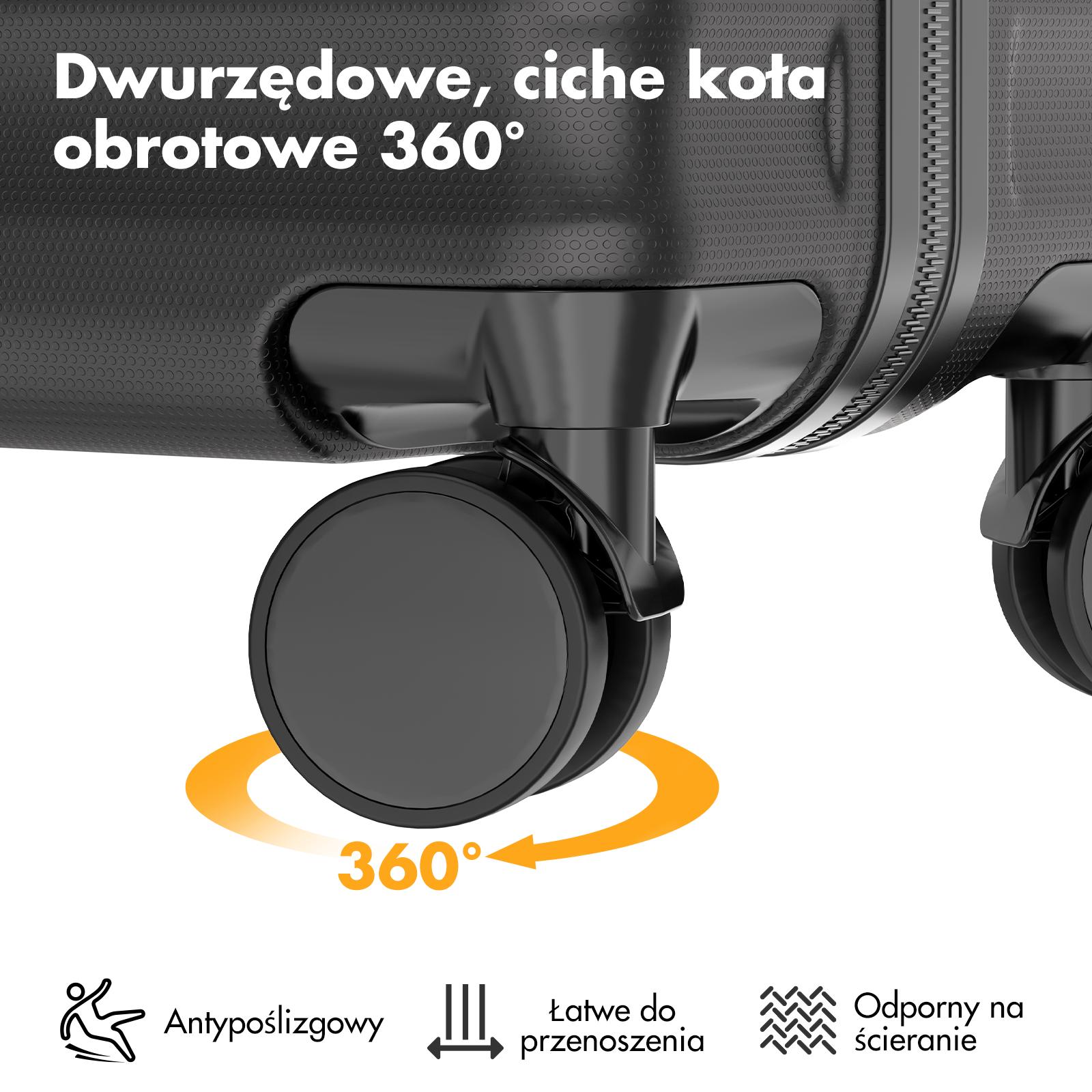 Czarna walizka z obrotowymi kołami 360° i zamkami. Ikony antypoślizgowe, łatwe do przenoszenia.