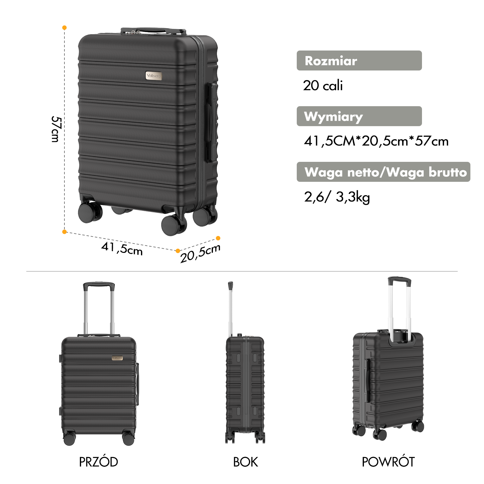 Czarna walizka z srebrną rączką. Wymiary 41,5x20,5x57cm. 20 cali.