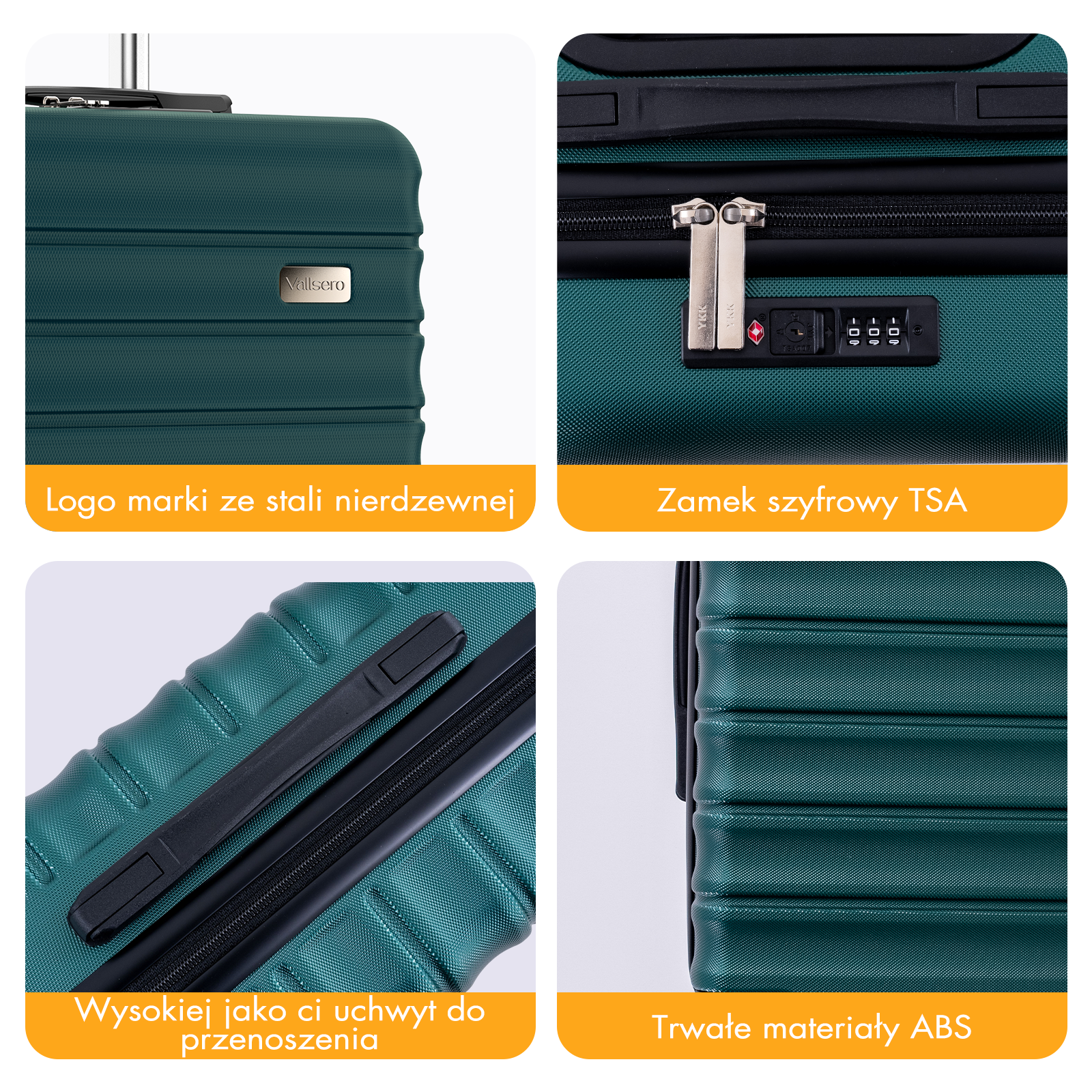 Ciemnozielona walizka z logo, zamkiem TSA, uchwytem i materiałem ABS.