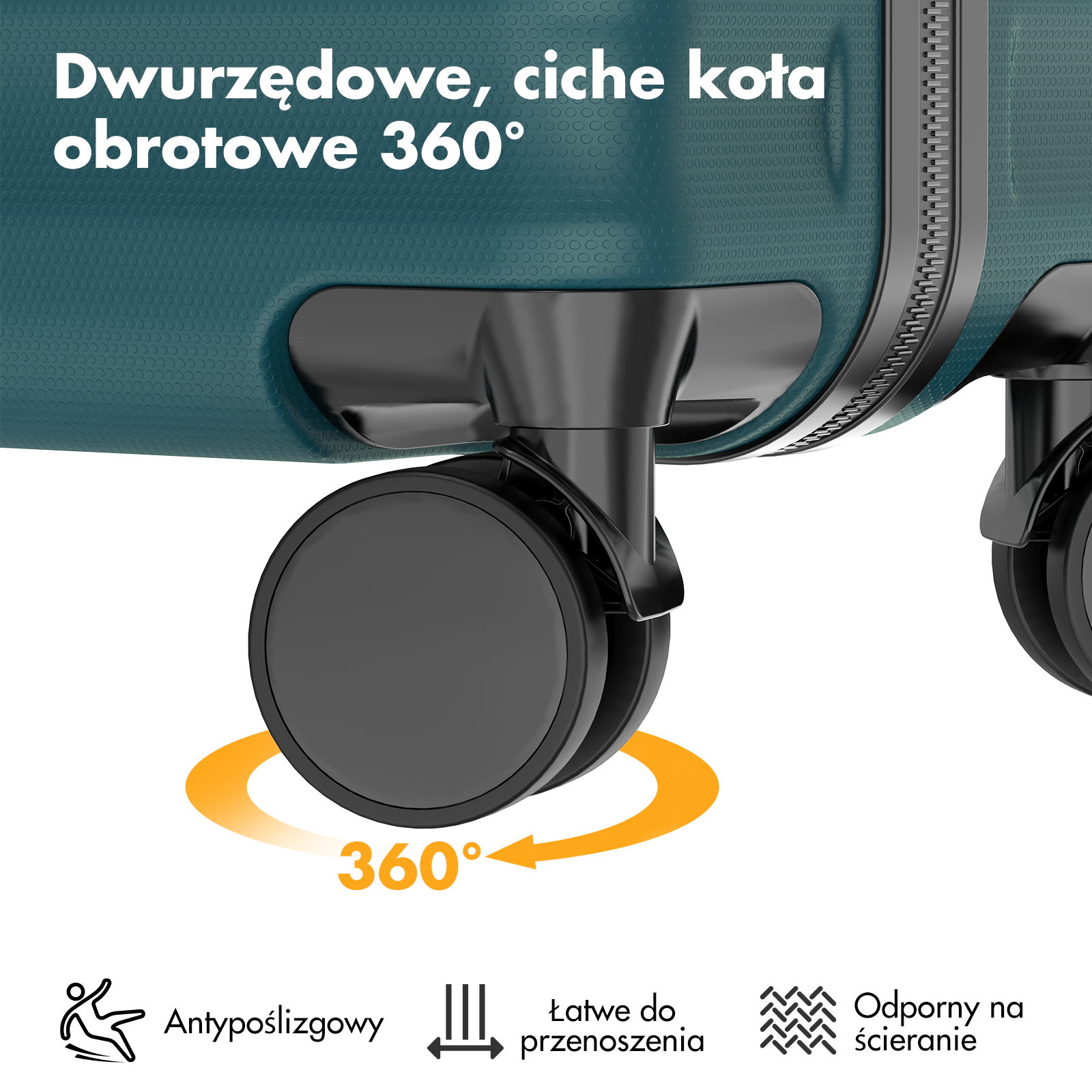 Bagaż z kołami obrotowymi 360°, antypoślizgowe, łatwe do przenoszenia.