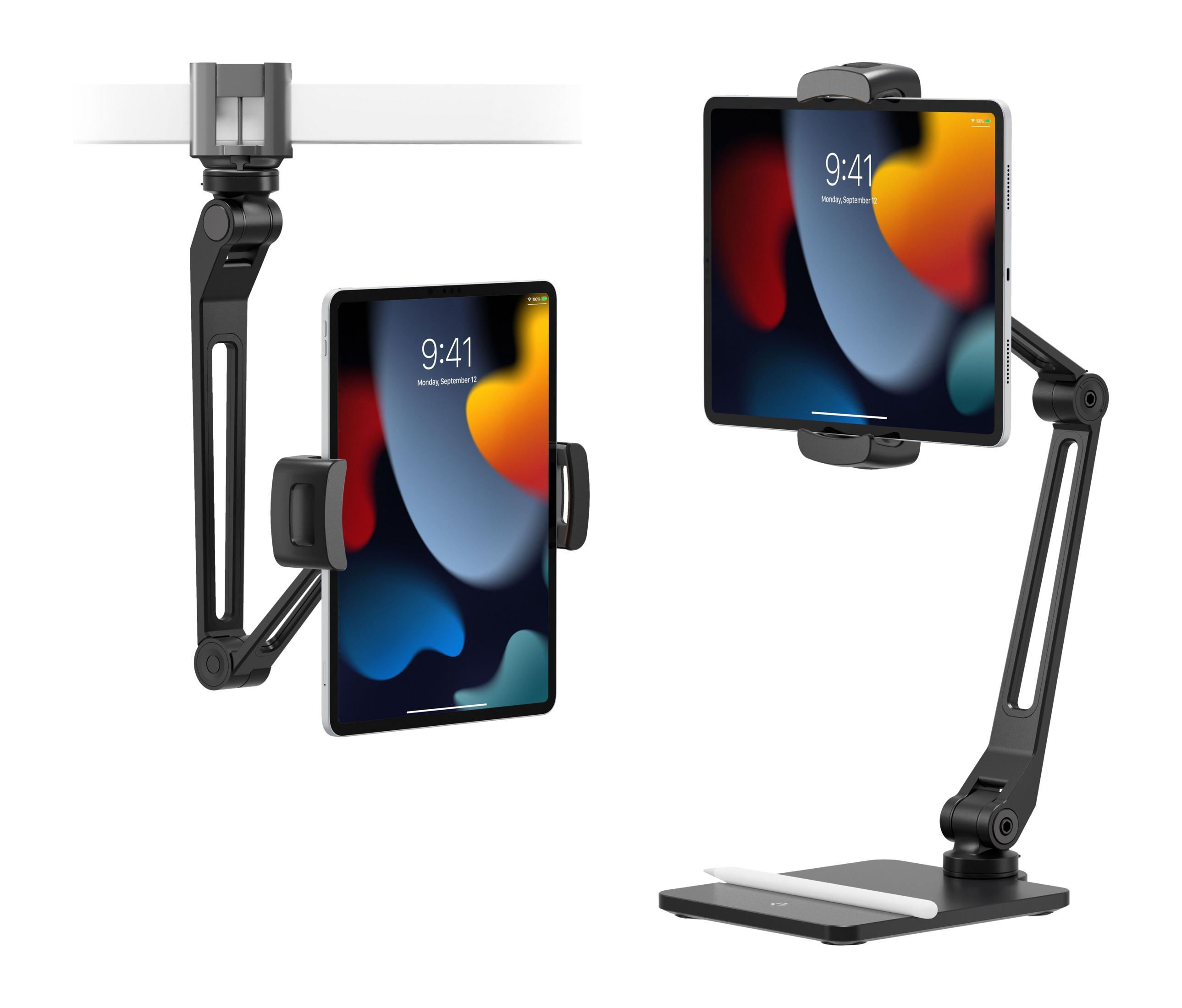 Due supporti neri per tablet su sfondo bianco. Uno si aggancia a un bordo, l'altro poggia su una base.