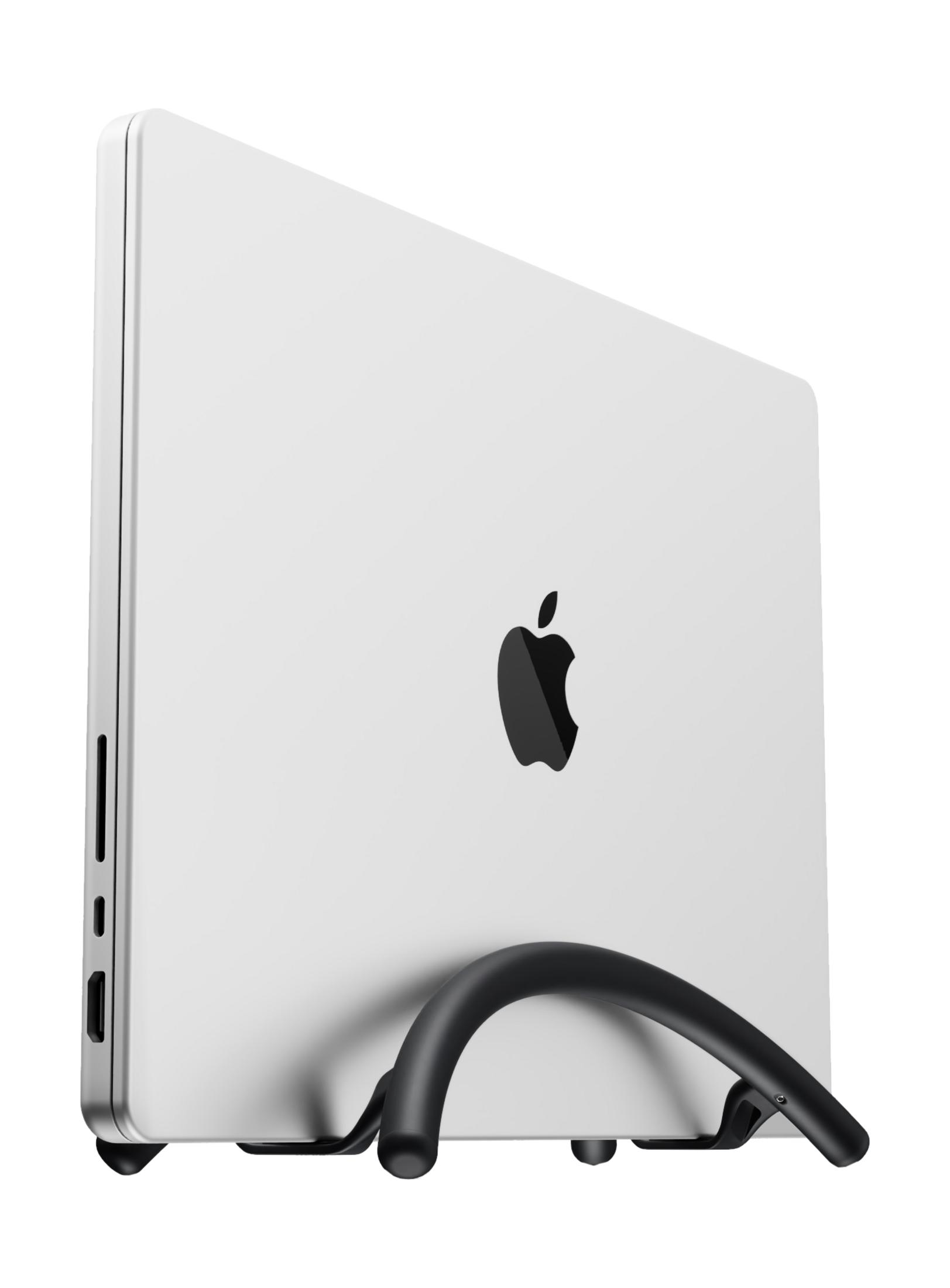 Un laptop bianco con logo Apple poggia su un supporto nero.