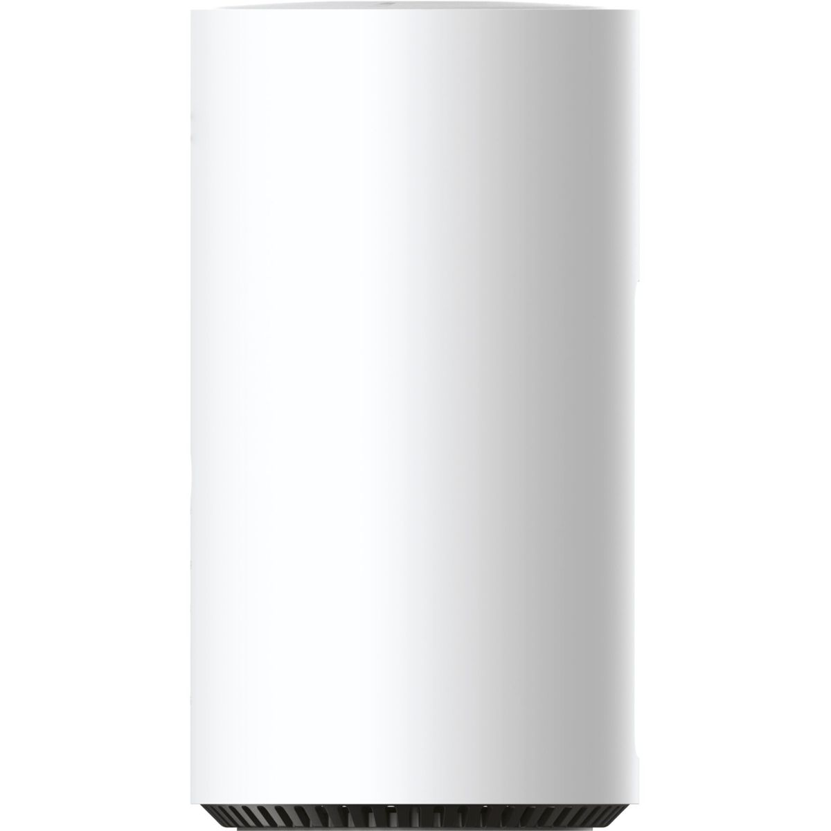 Un router cilindrico bianco con una griglia nera sul fondo.