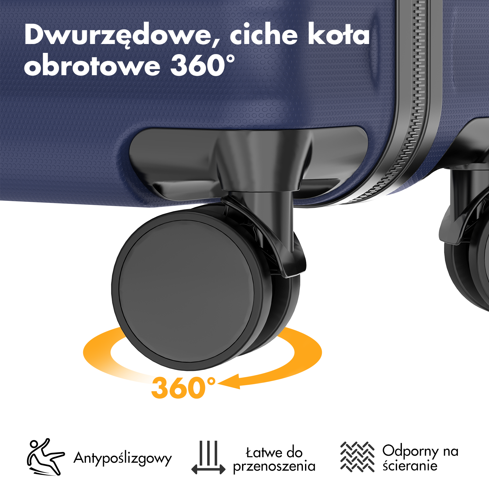 Granatowa walizka z obracającymi się o 360 stopni kołami i zamkiem.
