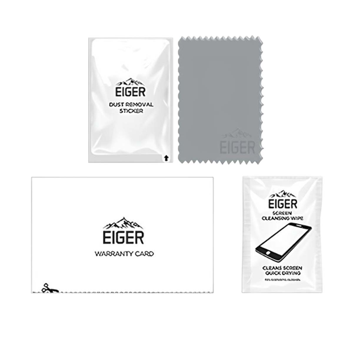 Eiger producten: stofverwijderaar sticker, doek, garantiekaart, reinigingsdoekje.