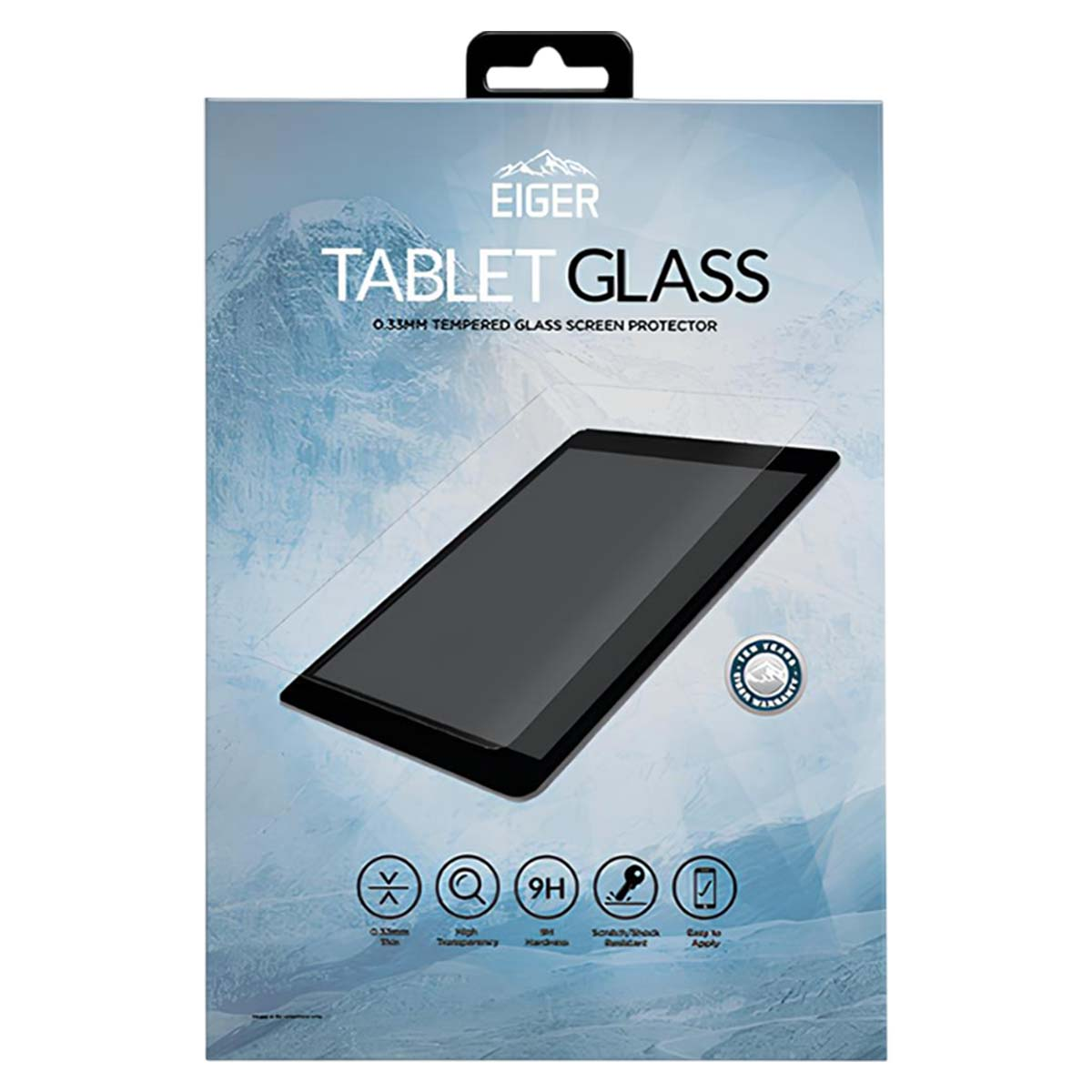 Verpakking Eiger Tablet Glass screenprotector met berglandschap.