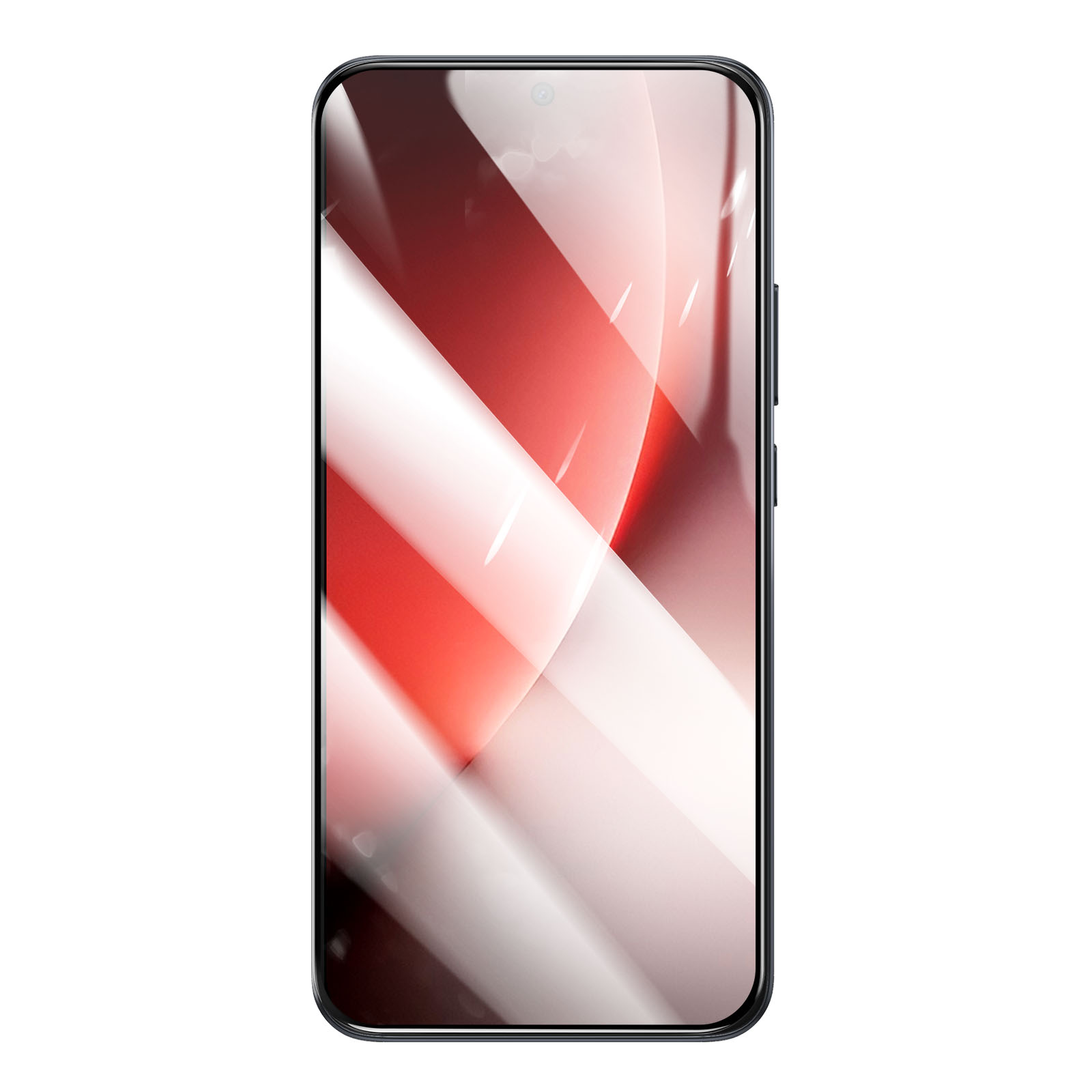 Uno smartphone nero con uno sfondo astratto rosso e bianco.