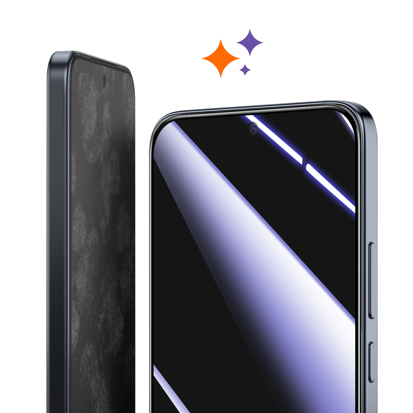 Primo piano di uno smartphone con schermo scuro e riflessi.
