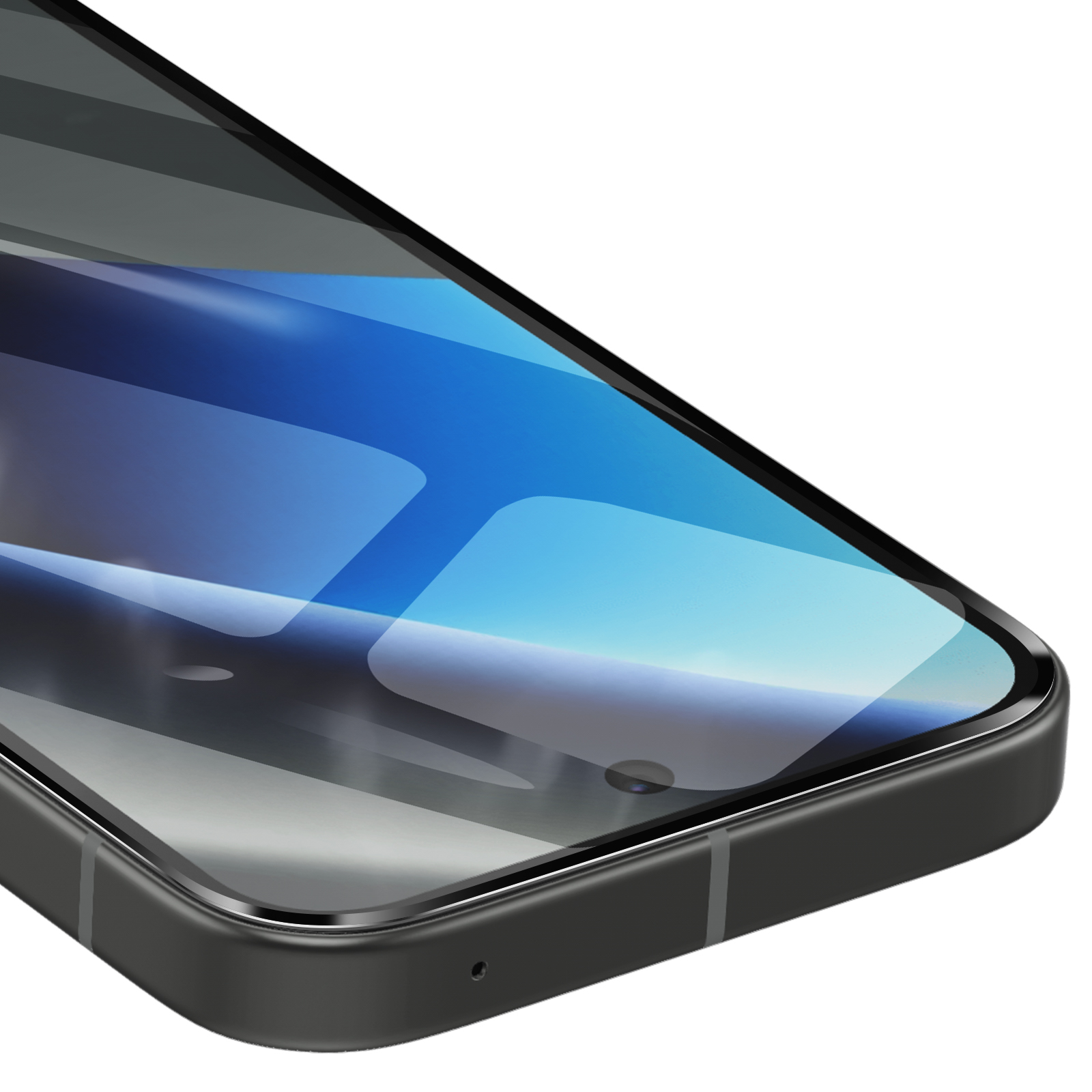 Primo piano di uno smartphone scuro con sfondo blu sullo schermo.