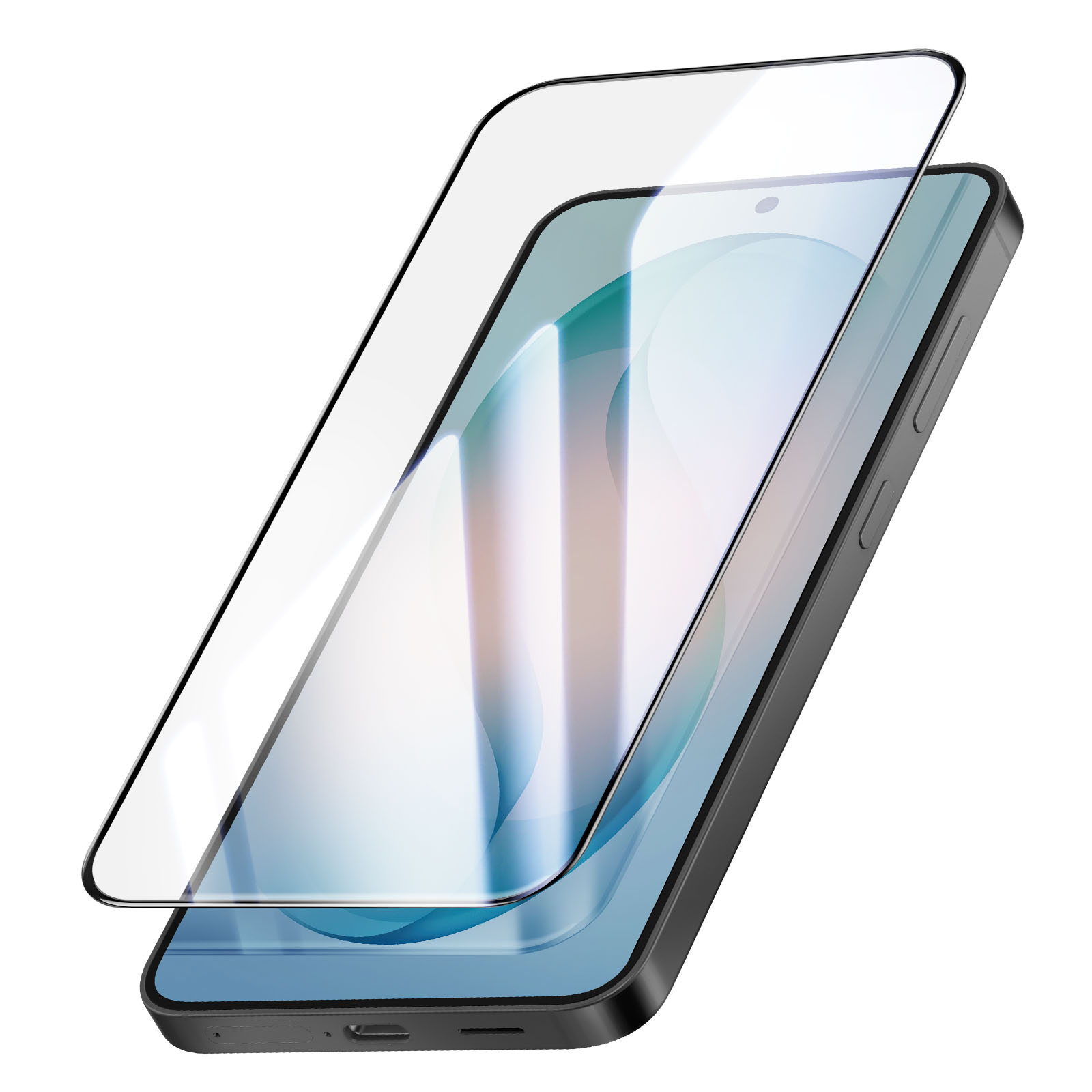 Een zwarte smartphone met een schermprotector er schuin op geplaatst.