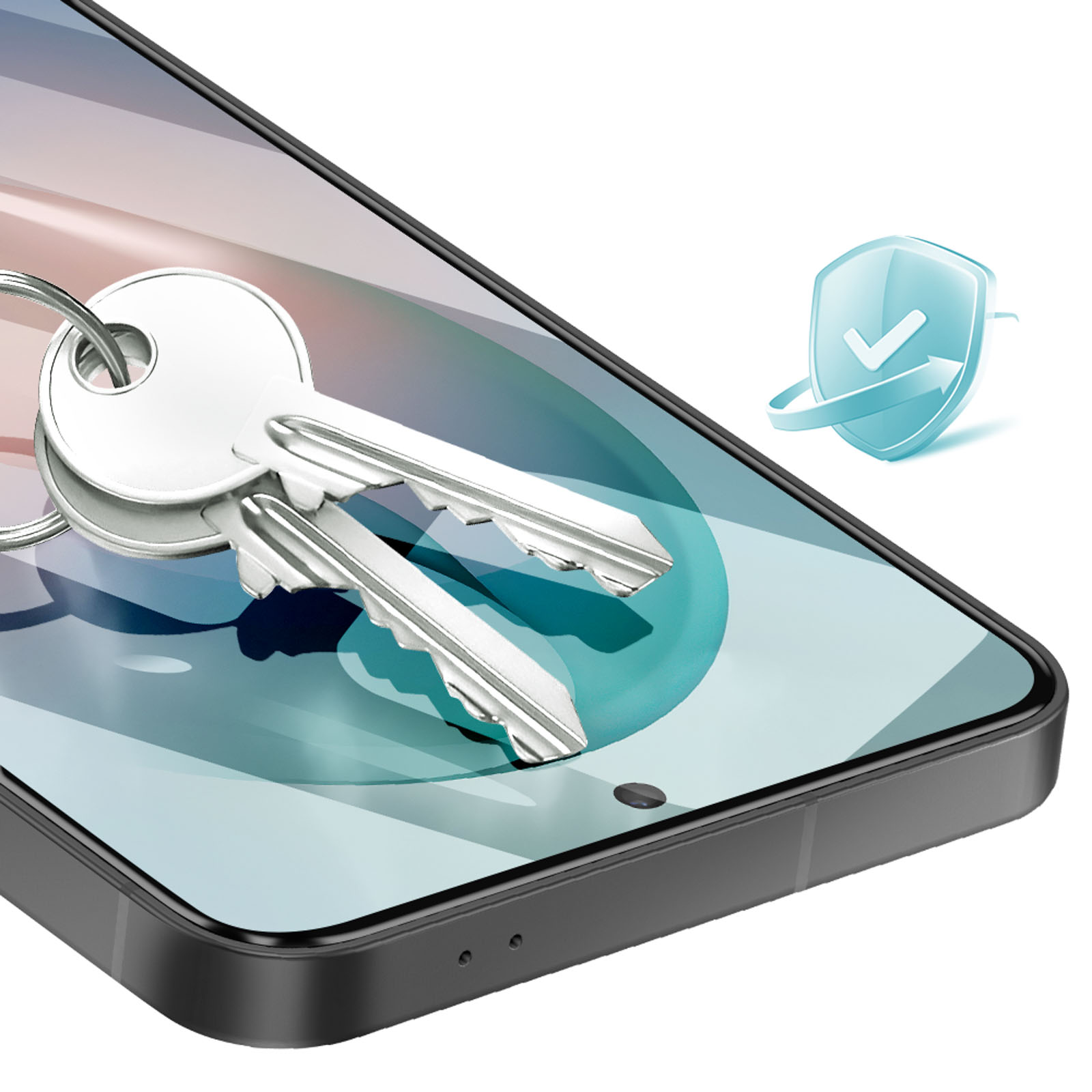Twee sleutels liggen op een smartphone-scherm met een beveiligingsicoon.