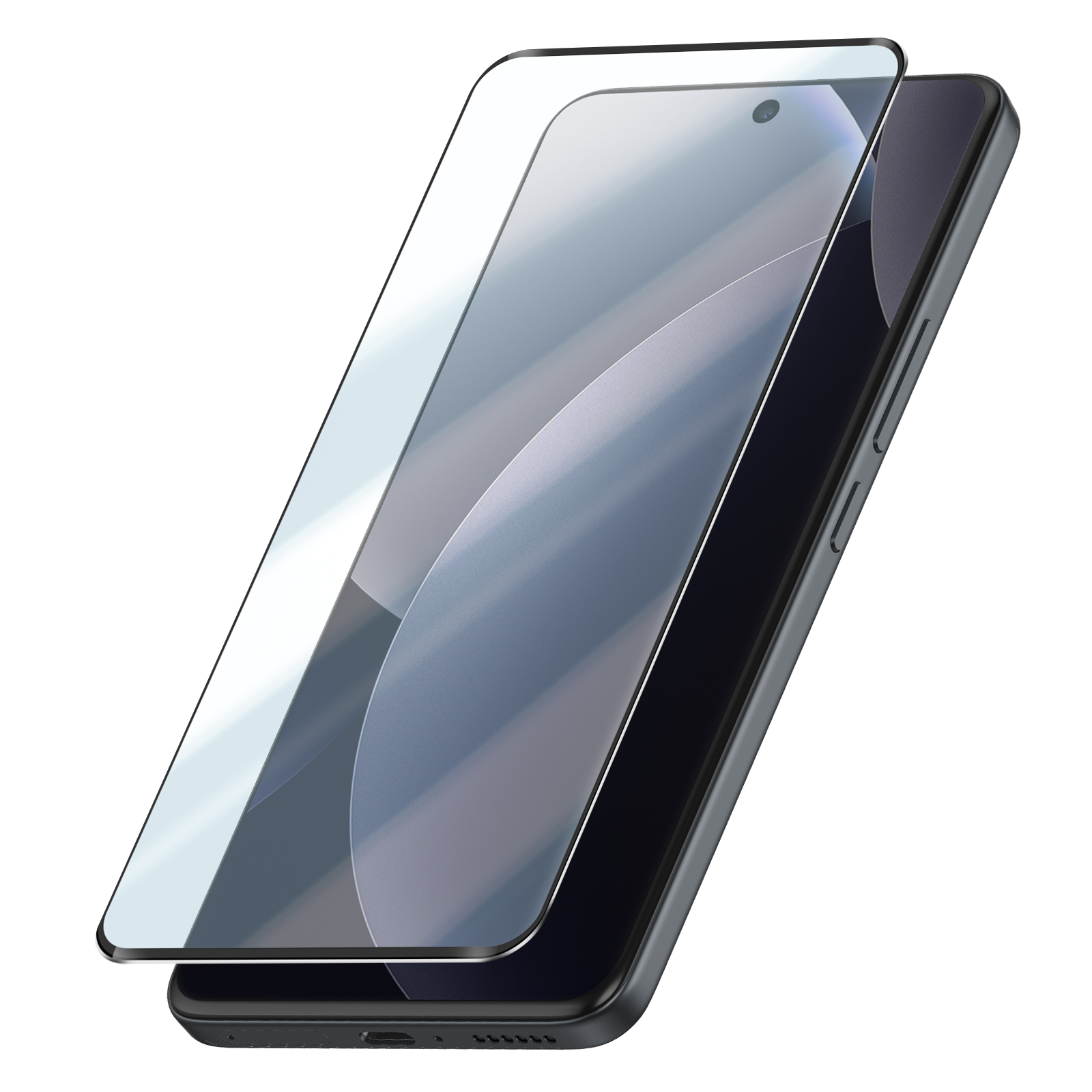 Protecteur d'écran sur un smartphone sombre, fond blanc.