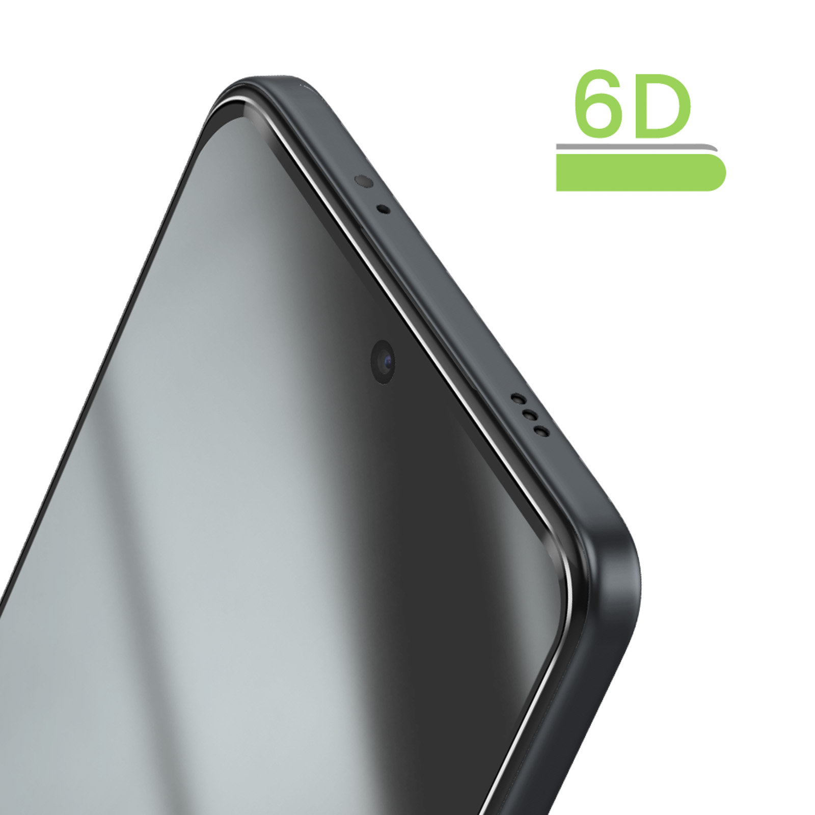 Gros plan du haut d'un smartphone avec caméra et haut-parleurs. Logo 6D à côté.