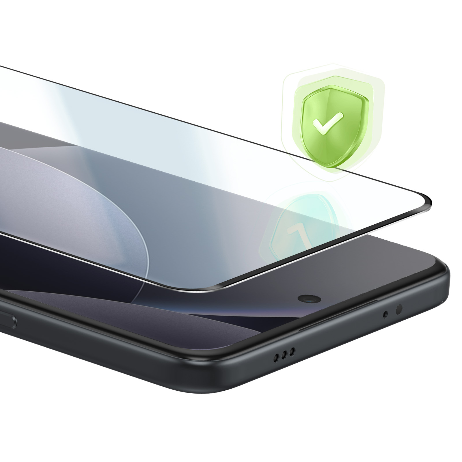 Verre protecteur pour smartphone avec icône de bouclier vert.