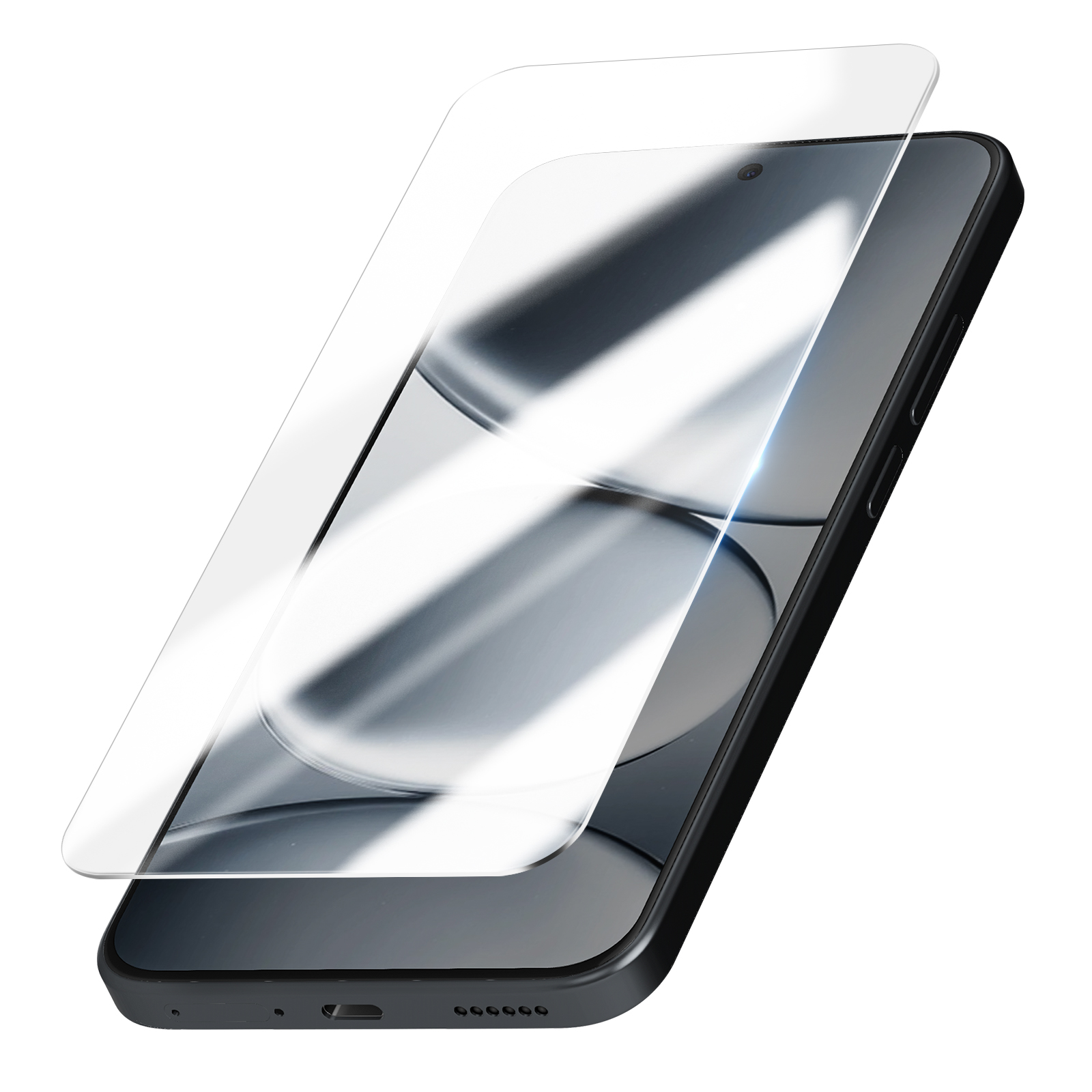 Uno smartphone nero con una protezione schermo trasparente appoggiata sopra.