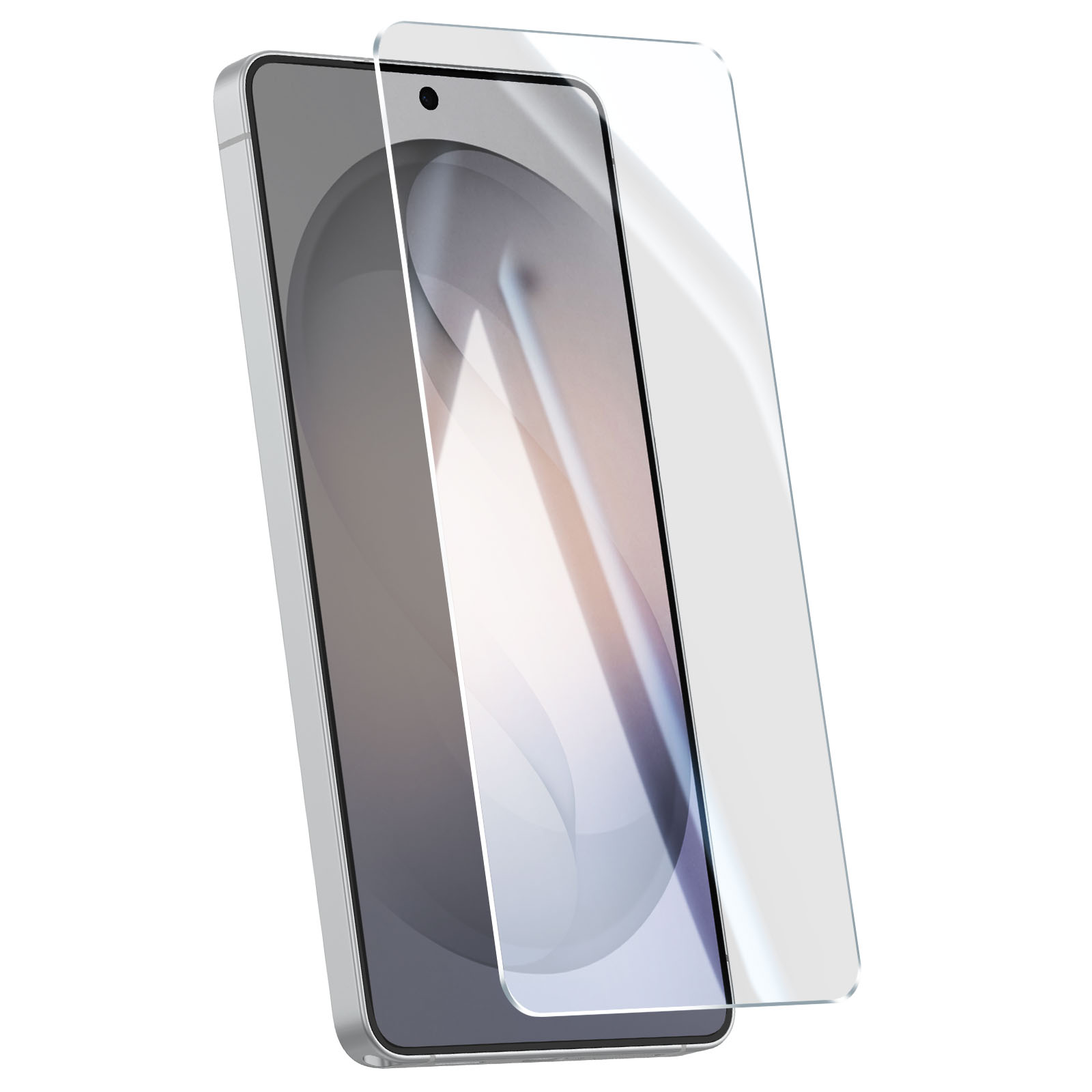 Uno smartphone argento con una protezione schermo parzialmente applicata. Sfondo bianco.