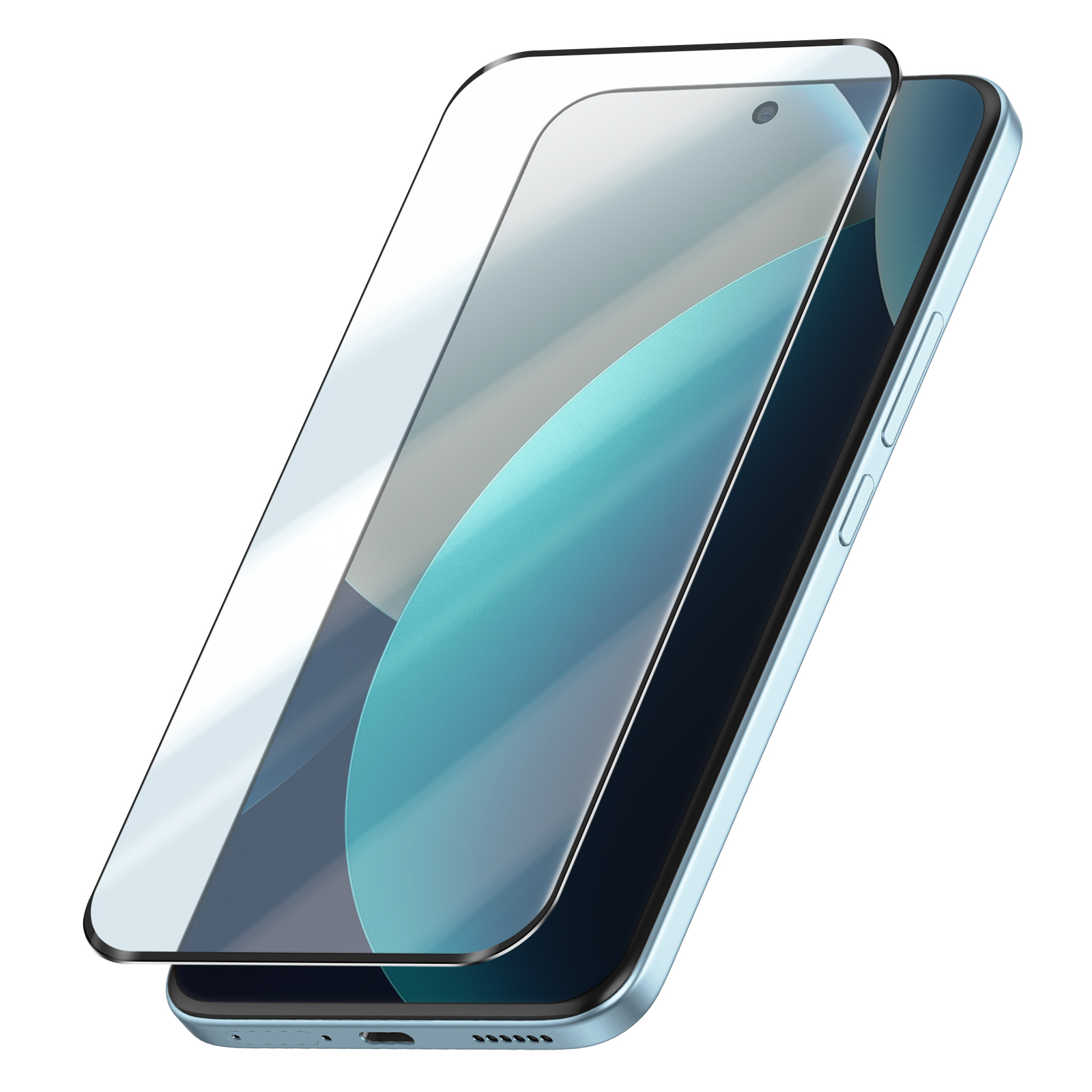 Uno smartphone azzurro con pellicola protettiva trasparente.