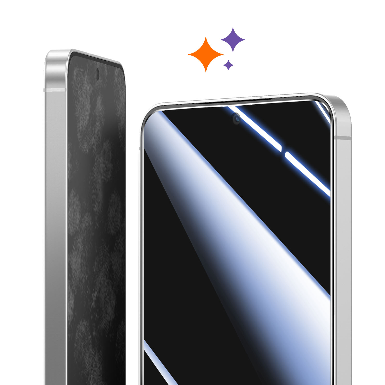 Primo piano di due smartphone argentati con schermi lucidi e riflessi di luce.