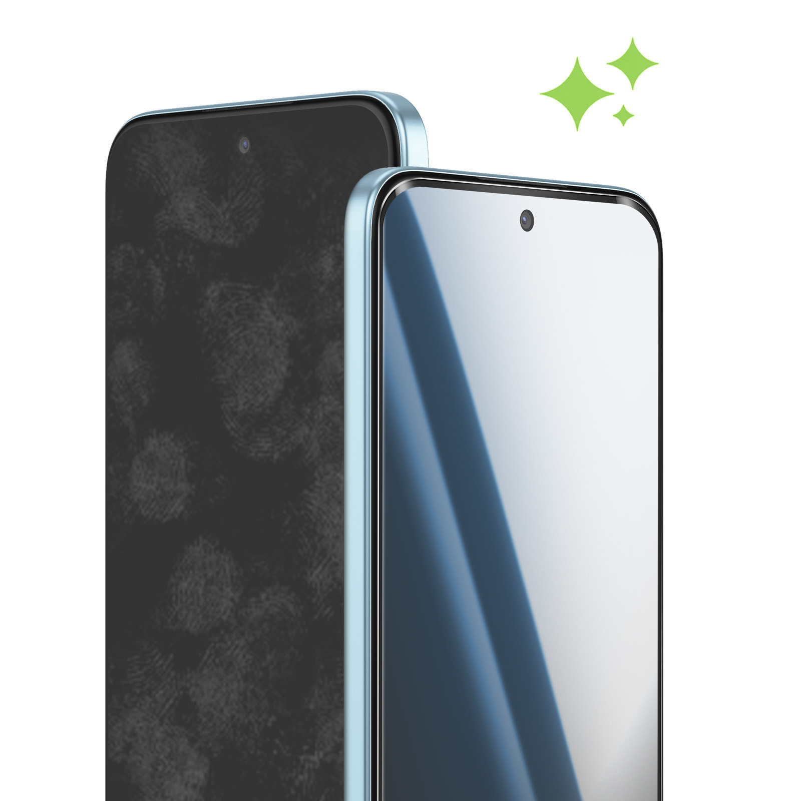 Due telefoni: uno con impronte, uno pulito. Con icone verdi scintillanti.