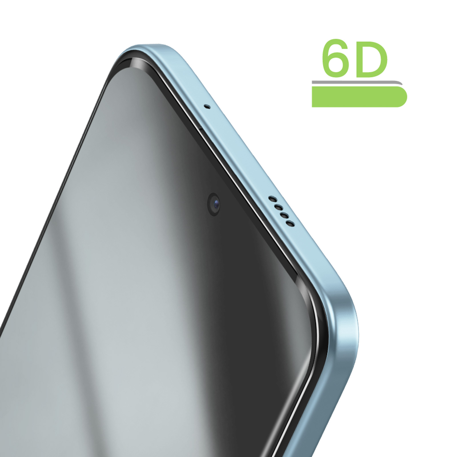 Uno smartphone azzurro con schermo nero e fotocamera frontale.