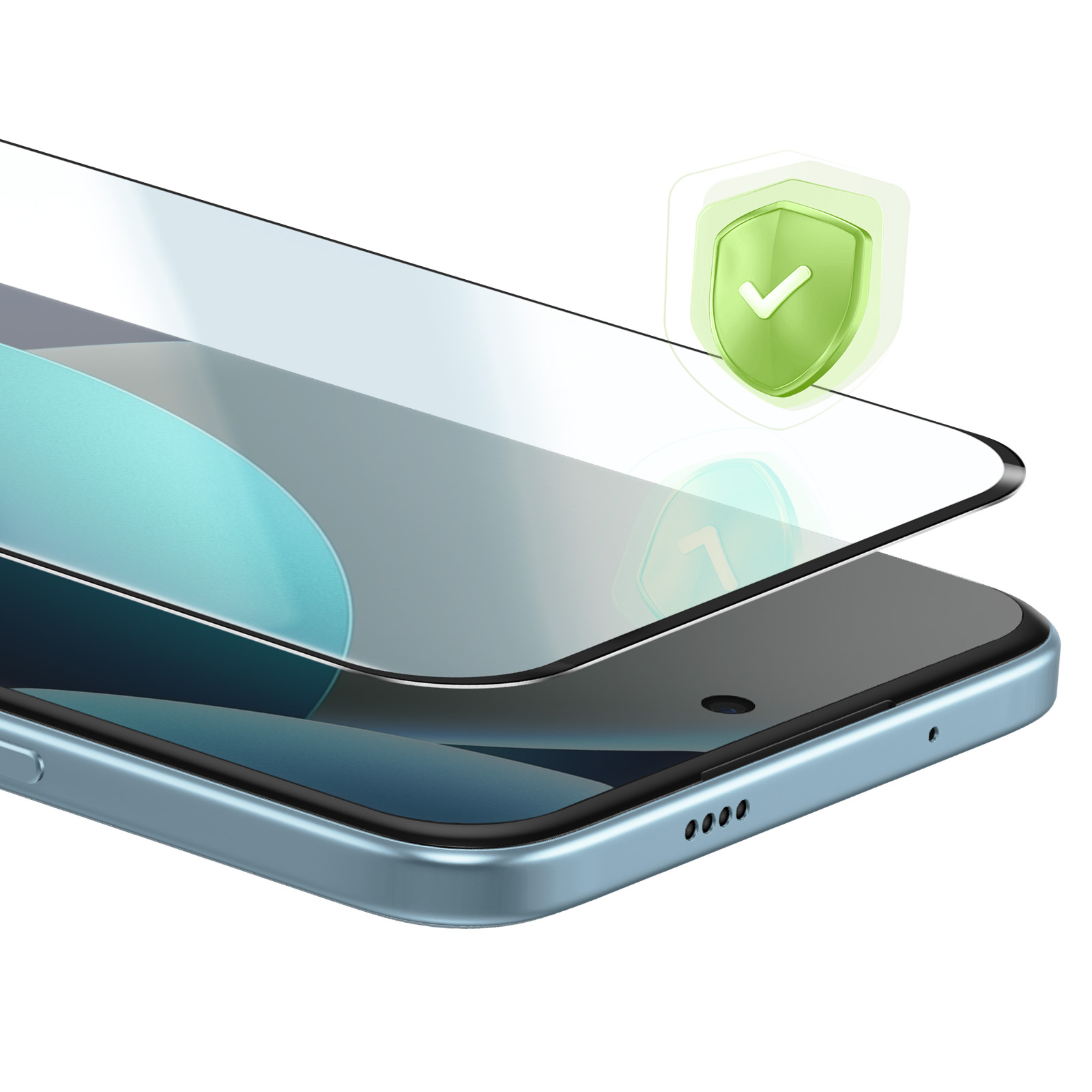 Uno smartphone blu con proteggi schermo che mostra un'icona di scudo verde.