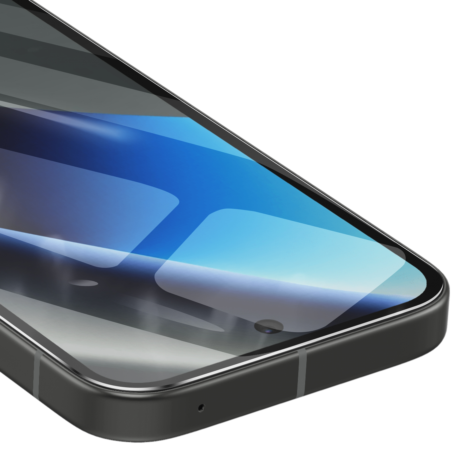 Primo piano di uno smartphone nero con sfondo blu.
