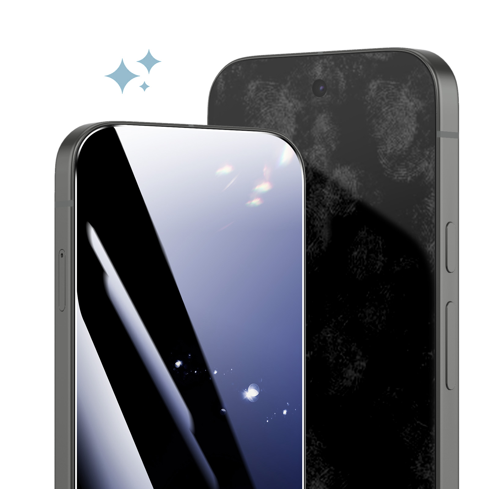 Due smartphone uno accanto all'altro. Uno ha schermo blu, l'altro ha impronte digitali.