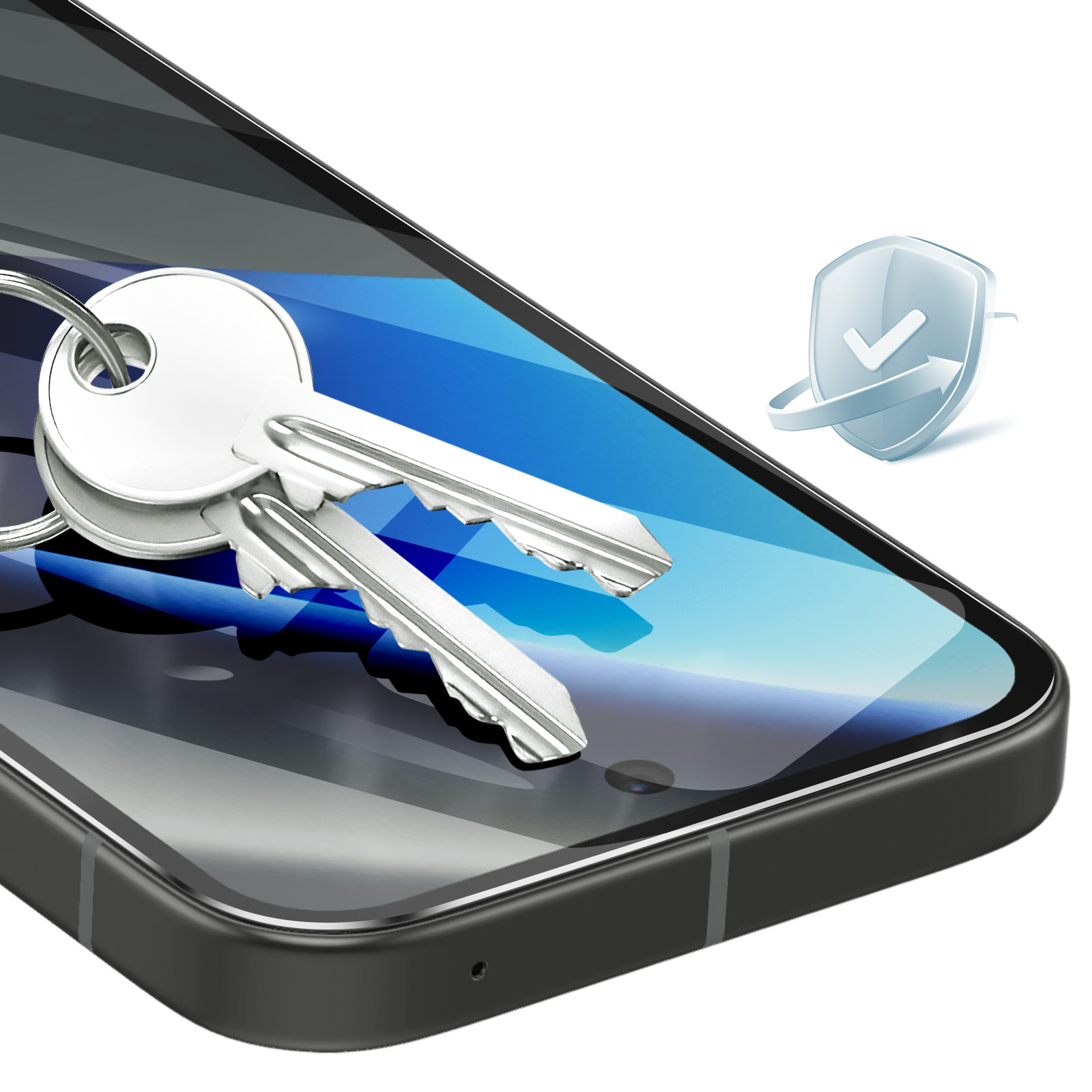 Due chiavi argentate su uno smartphone scuro con sfondo blu.